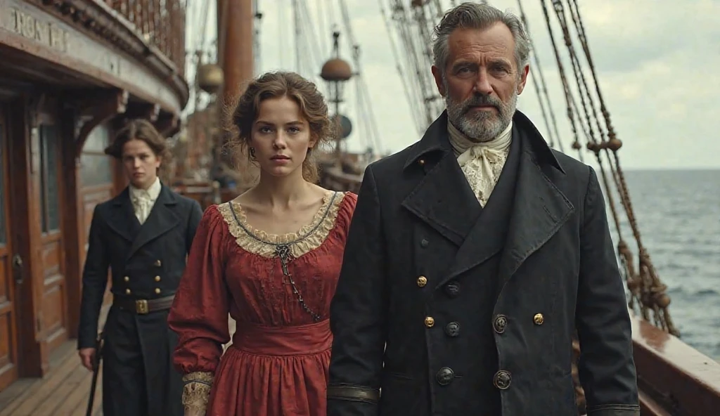 Full HD, SDXL , digital art style image of A gentle couple standing on the dacyard Infront of 1900 century ship,in traditional clothing,