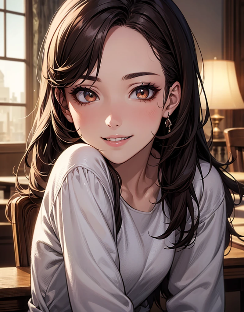 Brownish black hair, Iris, Fair skin, Face like goose eggs, atmosphereのある顔の特徴, expensive, Confidence and strength, Firm and plump, high school girl, , Curly Hair, Hair Bun, With hairpin, Red Rose, Blue Butterfly, White Rabbit, signboard, Formula quality, Mysterious, Light and shadow, Correct Proportions, aesthetics, atmosphere,
