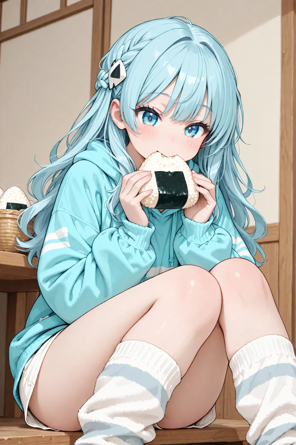(sfw, masterpiece, best quality:1.2),(solo),１girl:0.7\(french braid hair, light blue hair, long hair, fluffy hair, white skin, closed big eyes, blue eyes, no nose, small mouth, clothes\(light blue hoodie, white short pants, stripe light gray and white stripes knee high socks\), (Hair accessories\🍙\Onigiri\Japanese rice ball), ((eating a big 🍙\Onigiri\Japanese rice ball)), background a lot of 🍙, cute illustration, hand draw:1.5