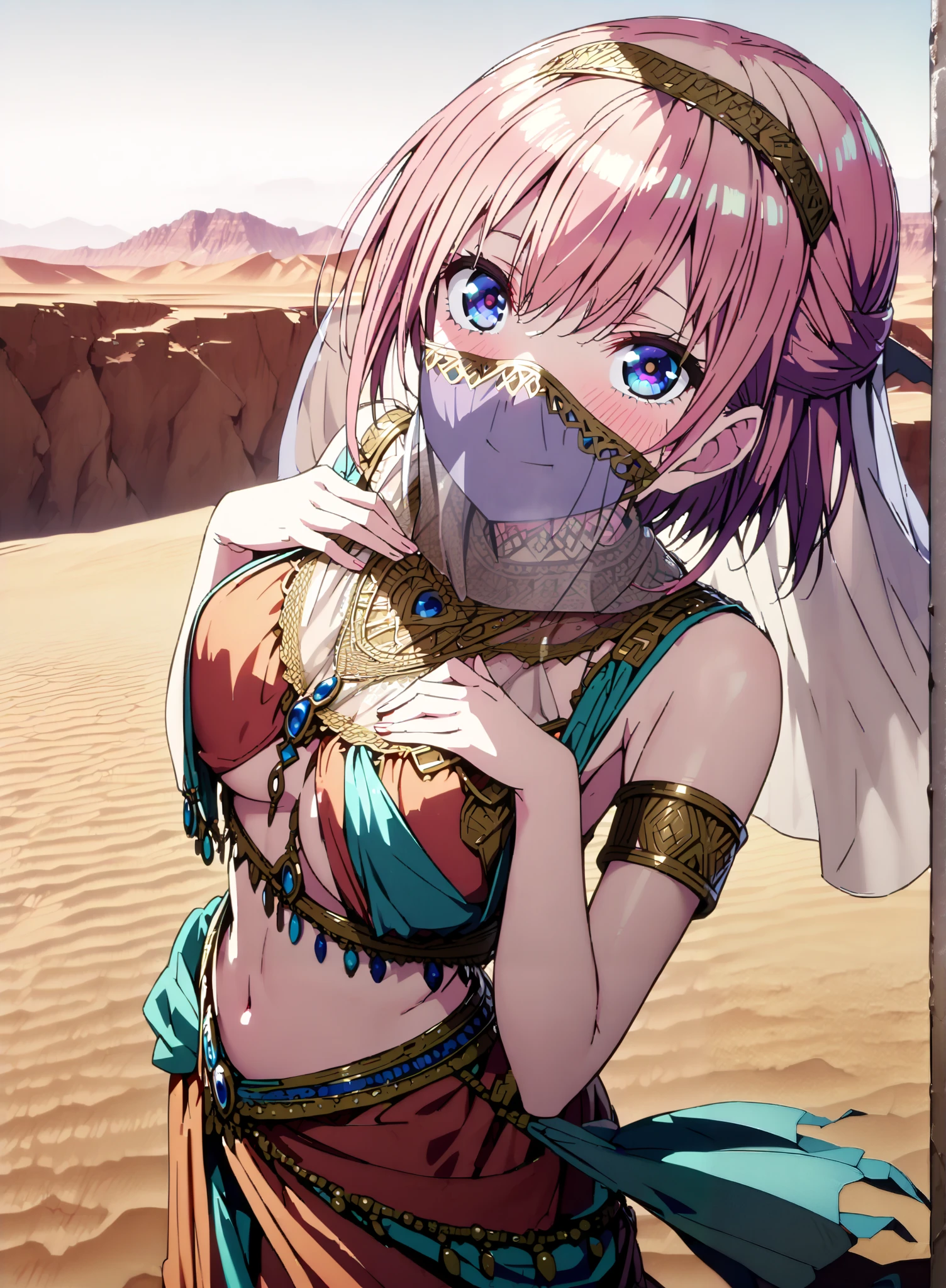 score_9, score_8_up, score_7_up,  source_anime,  Nakano Ichika,  short hair, Alone,bangs, blue eyes,  o, pink hair near MM, smile,blush,half updo,Big Breasts,Chest Valley,Arabian clothing,  dancer , mouth Veil, belly Dancing, Veil, armlet, Dancing, Bare legs,is standing,full bodyがillustrationsに入るように,break outdoors,  desert, oasis,
break looking at viewer,full body,
break (masterpiece:1.2), Best Quality, High Resolution,  Unity 8K Wallpaper , (illustrations:0.8), (Beautiful Detailed Eyes:1.6), very detailed face,  perfect lighting, highly detailed CG, (perfect hands, perfect anatomy),