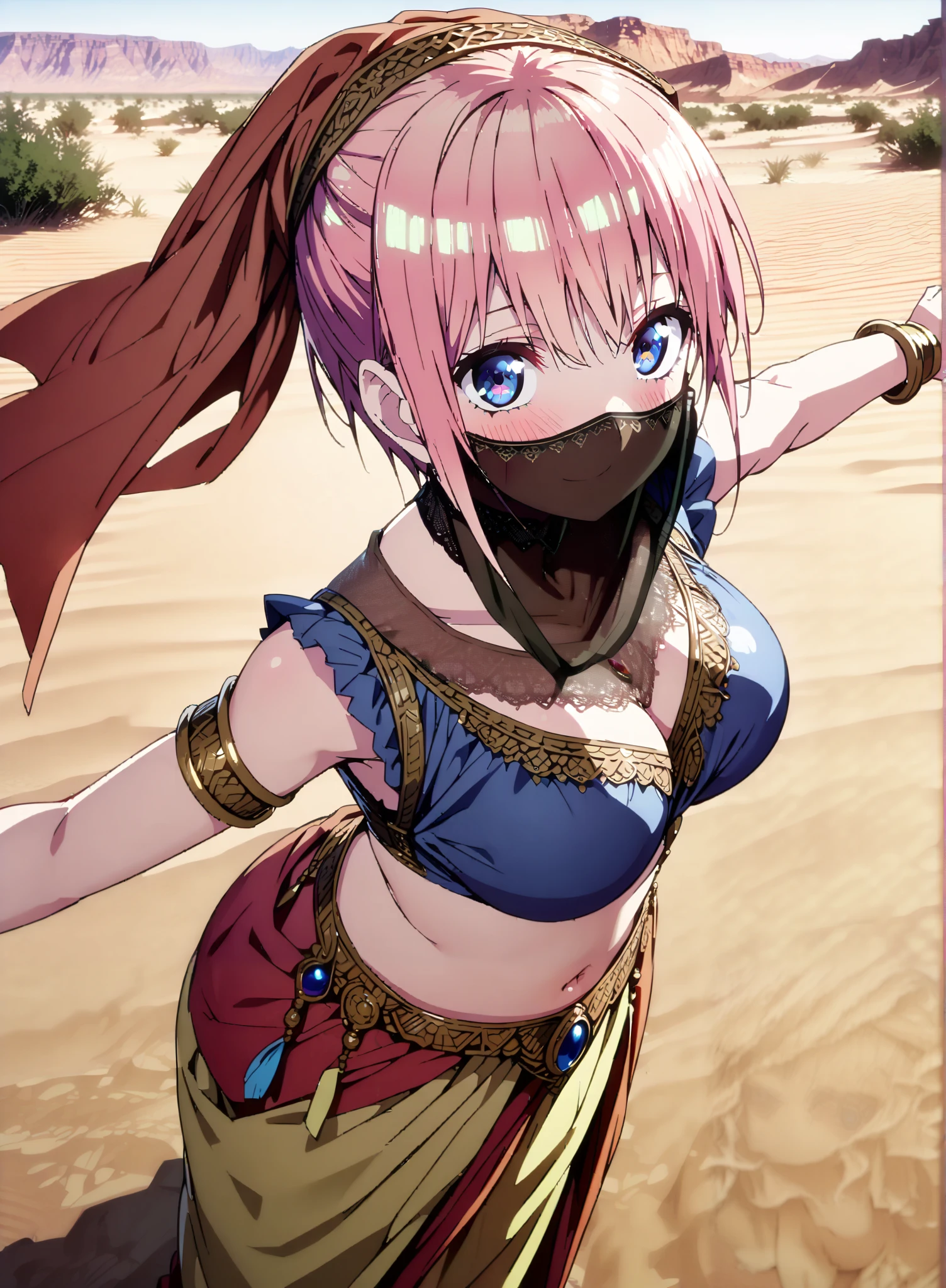 score_9, score_8_up, score_7_up,  source_anime,  Nakano Ichika,  short hair, Alone,bangs, blue eyes,  o, pink hair near MM, smile,blush,half updo,Big Breasts,Chest Valley,Arabian clothing,  dancer , mouth Veil, belly Dancing, Veil, armlet, Dancing, Bare legs,is standing,full bodyがillustrationsに入るように,break outdoors,  desert, oasis,
break looking at viewer,full body,
break (masterpiece:1.2), Best Quality, High Resolution,  Unity 8K Wallpaper , (illustrations:0.8), (Beautiful Detailed Eyes:1.6), very detailed face,  perfect lighting, highly detailed CG, (perfect hands, perfect anatomy),