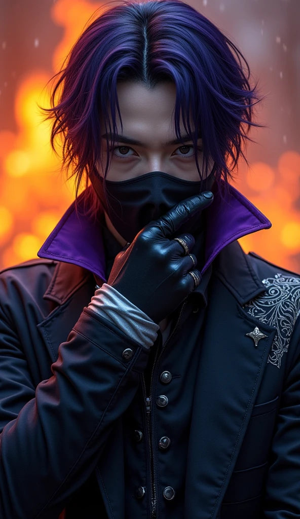 A male wizard with black hair and purple highlights with a blindfold covering his left eye only the left one. On his clothes there are drawing details with eyes. 