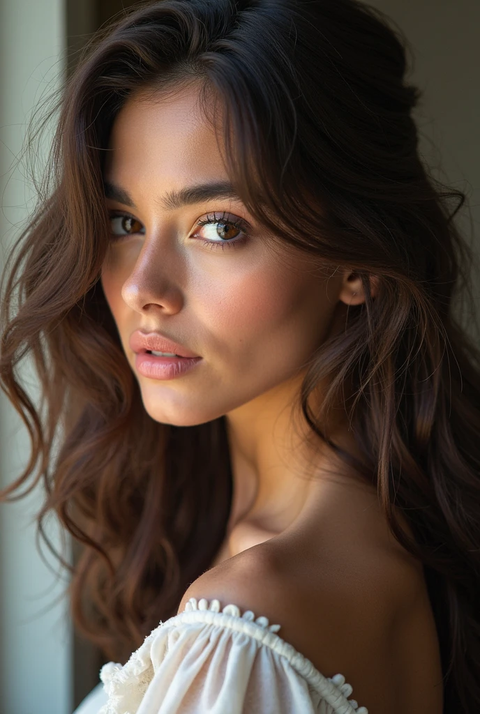 mulher sexy, 20 anos, esguio, atletic, pele bronzeada brilhante, Seios enormes, cintura fina, cabelos loiros cacheados, lingerie branca, Realistic, fotografia, real, natural