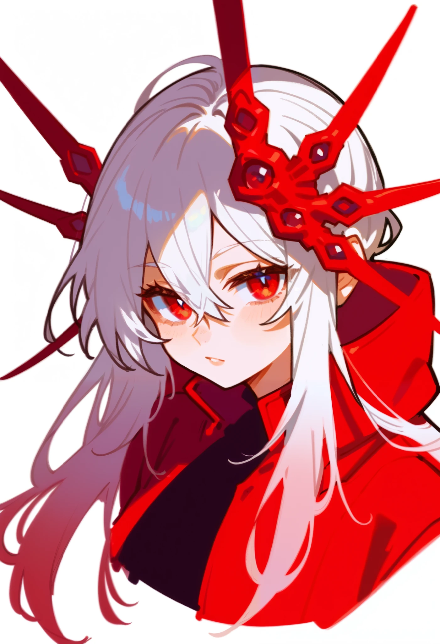 score_9, score_8_up, score_7_up, score_6_up, score_5_up, score_4_up, show accurate, (((portrait))), (solo), female, white background, white hair, long hair, red eyes, red jacket, Beautiful detailed eyes, gradient hair, hairs between eyes,