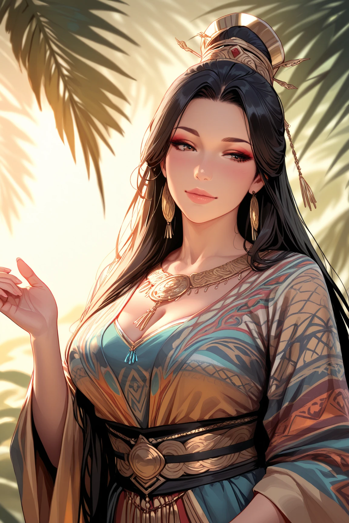 masterpiece, best quality, <lora:OnePieceCharacters:1>, boa1, 1girl, solo, blue eyes, black hair, long hair, earrings, blush, long sleeves, epaulettes, outdoors, jungle, island, scenery