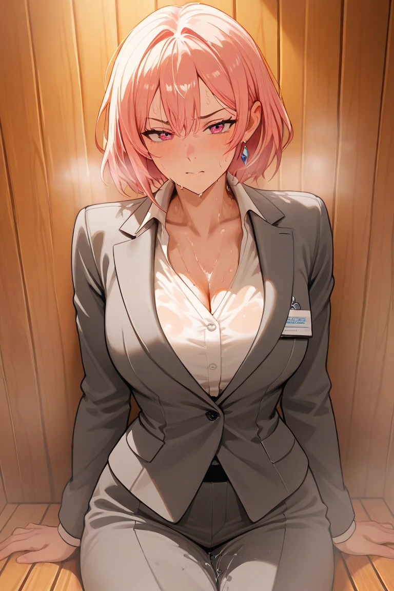 Best quality, masterpiece, 1girl, medium breasts, from above, sitting, unbuttoned, pink hair, school uniform