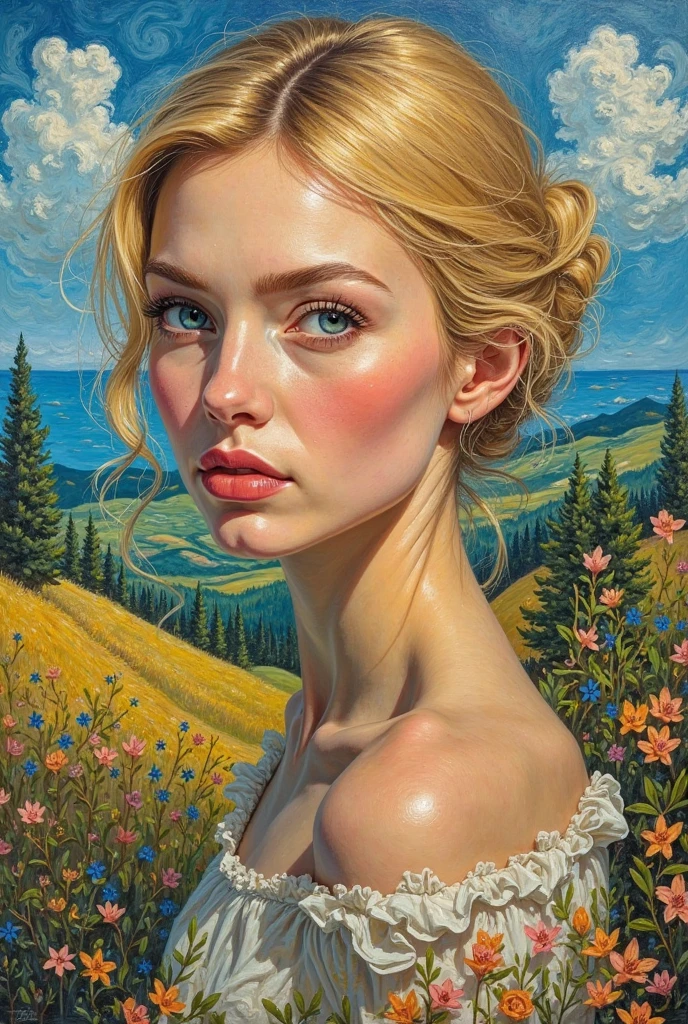 a naked skinny woman, beautiful detailed eyes, beautiful detailed lips, extremely detailed face and skin, long eyelashes, oil painting, lying in a serene nature landscape, sunlight, warm color tones, detailed background, (best quality,4k,8k,highres,masterpiece:1.2),ultra-detailed,(realistic,photorealistic,photo-realistic:1.37),portrait,chiaroscuro lighting,dramatic shadows,cinematic composition