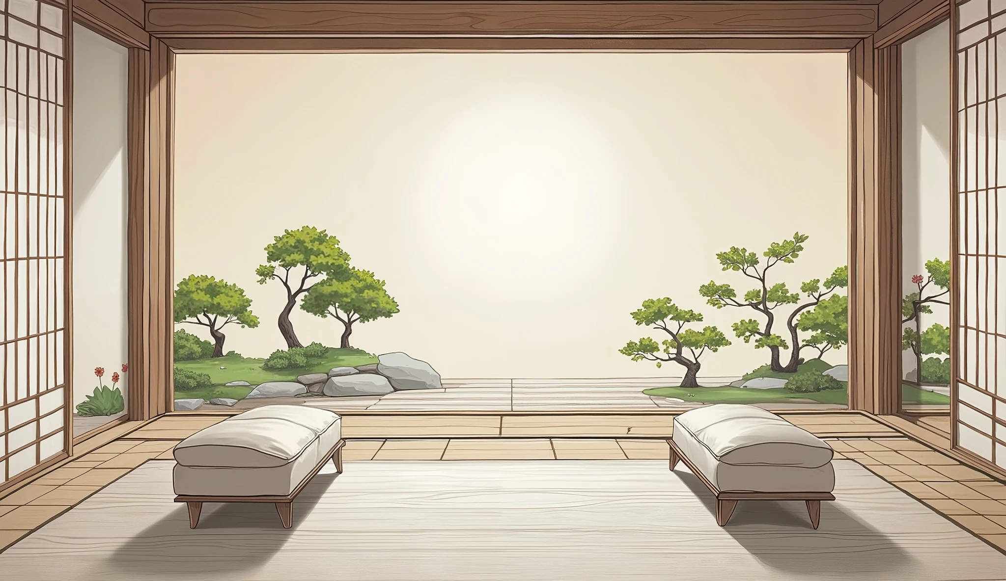 illustration in soft colors predominating , minimalism of a Japanese style living room with window to see the minimalist Japanese garden with bonsai trees, the stage evokes energy and elegance