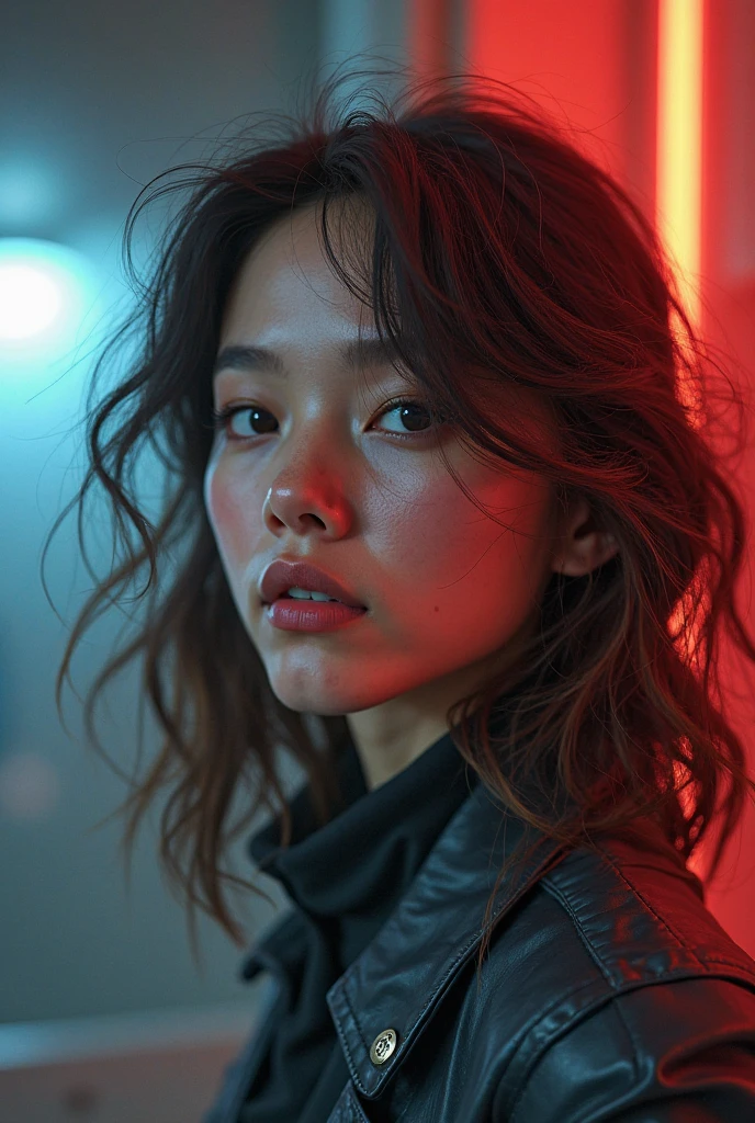 masterpiece, best quality, japanese actress, wearing cyberpunk jacket, photorealistic, upperbody, low lighting, big city, RAW PHOTOGRAPHY, attractive face