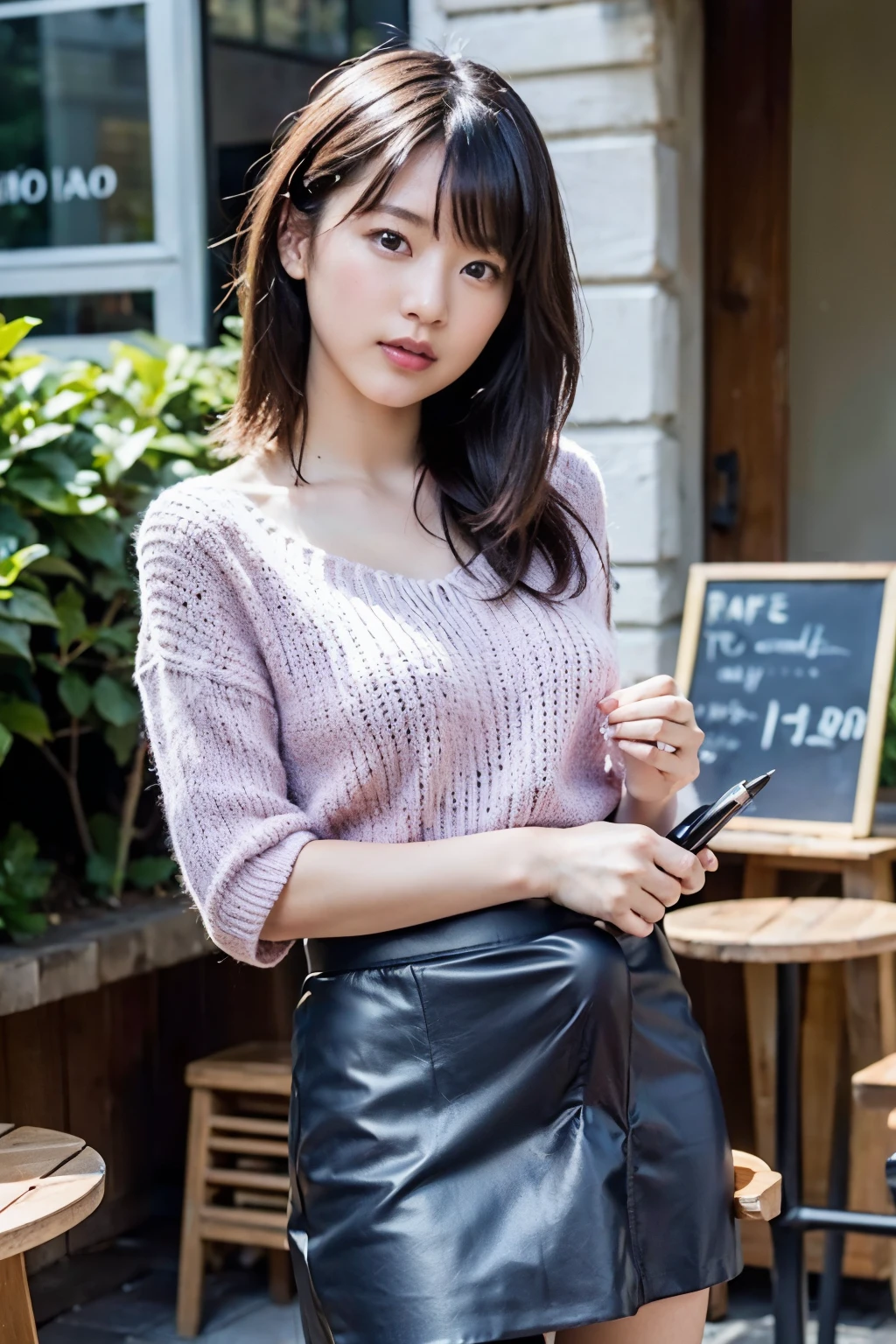 (8k、raw photos of Kao all、Best Quality、masterpiece:1.2)、(realistic、Photorealistic:1.37)、super A high resolution、1 girl、beautifully detailed face、
cafe terrace、glasses、dynamic angle、cool knitwear 、half up medium hair、brown hair、22 years old、fountain pen in hand、Candlestick, Erection under clothes, flat chest