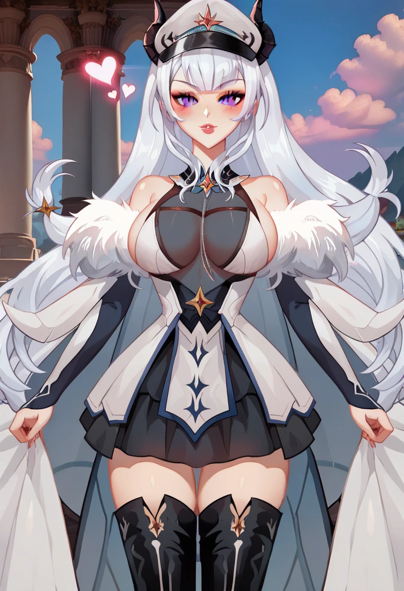 （Simple hands：0.5）+（Detailed hands：0.7），（The Masterpiece），（best qulity），Red eyes，1girls，Pale skin，gray haired，Red eyes，two color hair，Lashes，A bracelet，jewelries，smiled，gleaming skin，Shiny hair，Detailed and majestic stage，fantastical，slong hair，1girl with big breasts，two color hair，night  sky， Incredibly detailed CG illustration masterpiece，looking at you，The proportions are correct，animesexy，beautiful anime eyes， beautifuldetailedeyes， urple eyes， shiny glistening eyes， Red eyes， （full - body）， （curves），