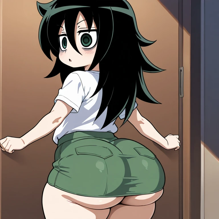 (masterpiece, detailed), kuroki-tomoko, green eyes, hair over one eye, bags under eyes, yellow school uniform, black skirt, full body, diaper, thick diaper, hypermessing, bottom angle
