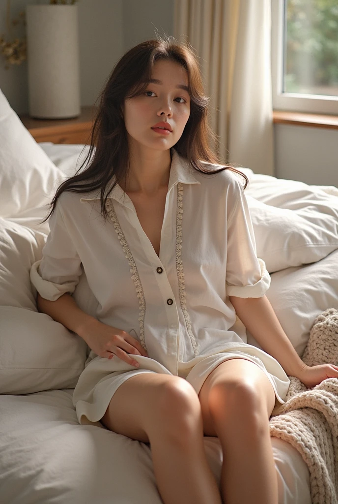 One woman,（３５age）、Sit on a comfortable sofa,Crossing your legs,Soft Light，barefoot，Put on a shirt ，barefoot，