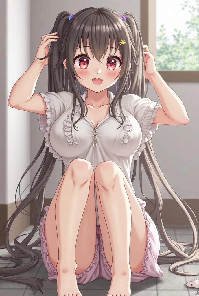 1girl, nsfw, (Expressive eyes), (Perfect Face), skirtliftfront, (((((pussy juice trail))))), ((cute)), Drooping eyes, ((Baby Face)), ((((female child)))), (((9 years old))), , ((Flat Chest)), White skin, gleaming skin, Yellow eyes, (((tears))), ((((Embarrassing)))), (Nipples), (very long hair), dark brown Hair, (no panties), (see-through white camisole), miniskirt, metal collar, ((Sweat)), steam, ((Shadow of the city)), detail perfect piece, ((From below)), 16k, (Best quality)
