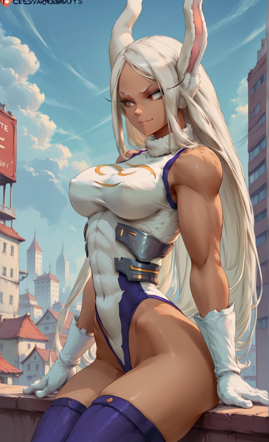 mulher madura, forte, pele escura, white bikini, capa, cabelo longo amarelo, seios grandes, coxas grandes, dinamic pose, pose heroica, fantasia, medieval, natureza, sol, bluesky, brilho bem detalhado.