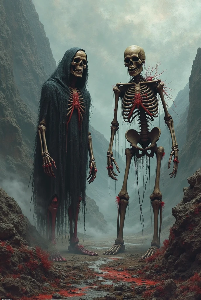 Fine matte painting, skeleton dark angel big wings haunted castle on drawing table full of knives, horror, spookiness, scary, secret horror, tentacles, vines, eyes, uncanny valley effect teeth, limbs, animals, blood moon
