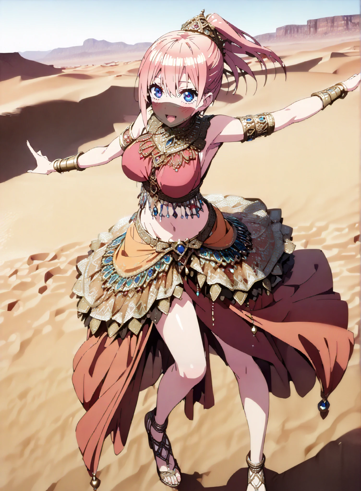 score_9, score_8_up, score_7_up, source_anime, Nakano Ichika, short hair, Alone,bangs, blue eyes, o, pink hair near MM, smile,blush,open your mouth,half updo,Big Breasts,Chest Valley,Arabian clothing, dancer , mouth Veil, belly Dancing, Veil, armlet, is standing,Dancing, Bare legs,is standing,full bodyがillustrationsに入るように,break outdoors, desert, oasis,
break looking at viewer,full body,
break (masterpiece:1.2), Best Quality, High Resolution, Unity 8K Wallpaper , (illustrations:0.8), (Beautiful Detailed Eyes:1.6), very detailed face, perfect lighting, highly detailed CG, (perfect hands, perfect anatomy),