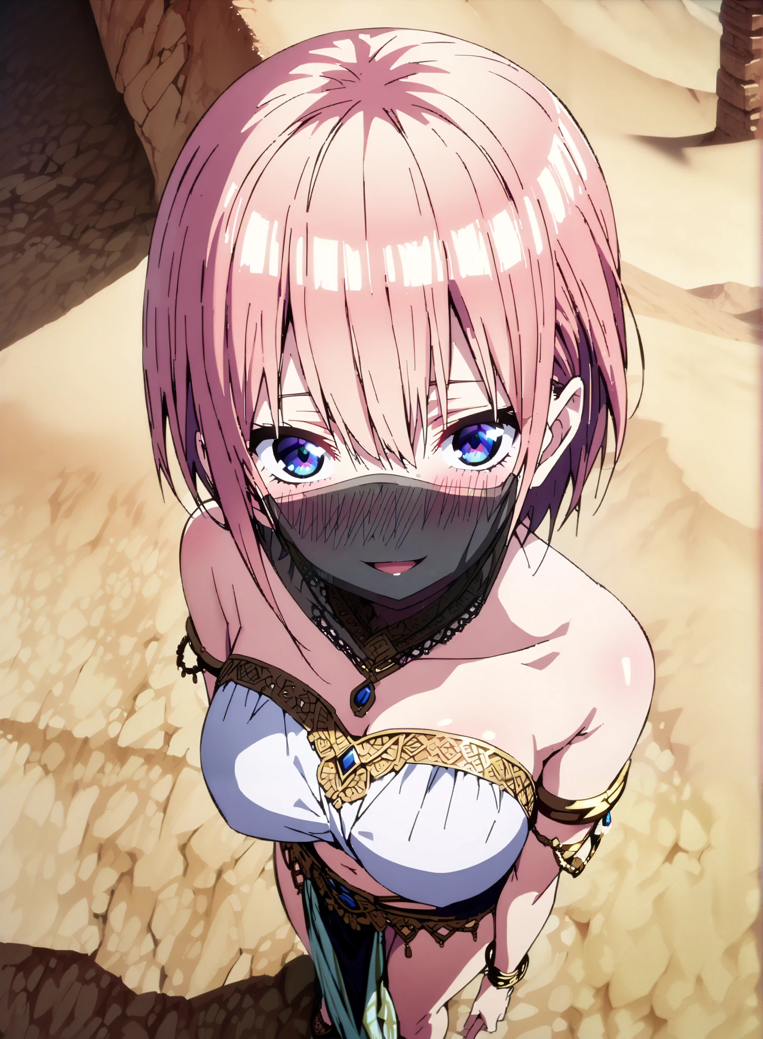 score_9, score_8_up, score_7_up, source_anime, Nakano Ichika, short hair, Alone,bangs, blue eyes, o, pink hair near MM, smile,blush,open your mouth,half updo,Big Breasts,Chest Valley,Arabian clothing, dancer , mouth Veil, belly Dancing, Veil, armlet, Bare legs,is standing,full bodyがillustrationsに入るように,break outdoors, desert, oasis,
break looking at viewer,full body,
break (masterpiece:1.2), Best Quality, High Resolution, Unity 8K Wallpaper , (illustrations:0.8), (Beautiful Detailed Eyes:1.6), very detailed face, perfect lighting, highly detailed CG, (perfect hands, perfect anatomy),