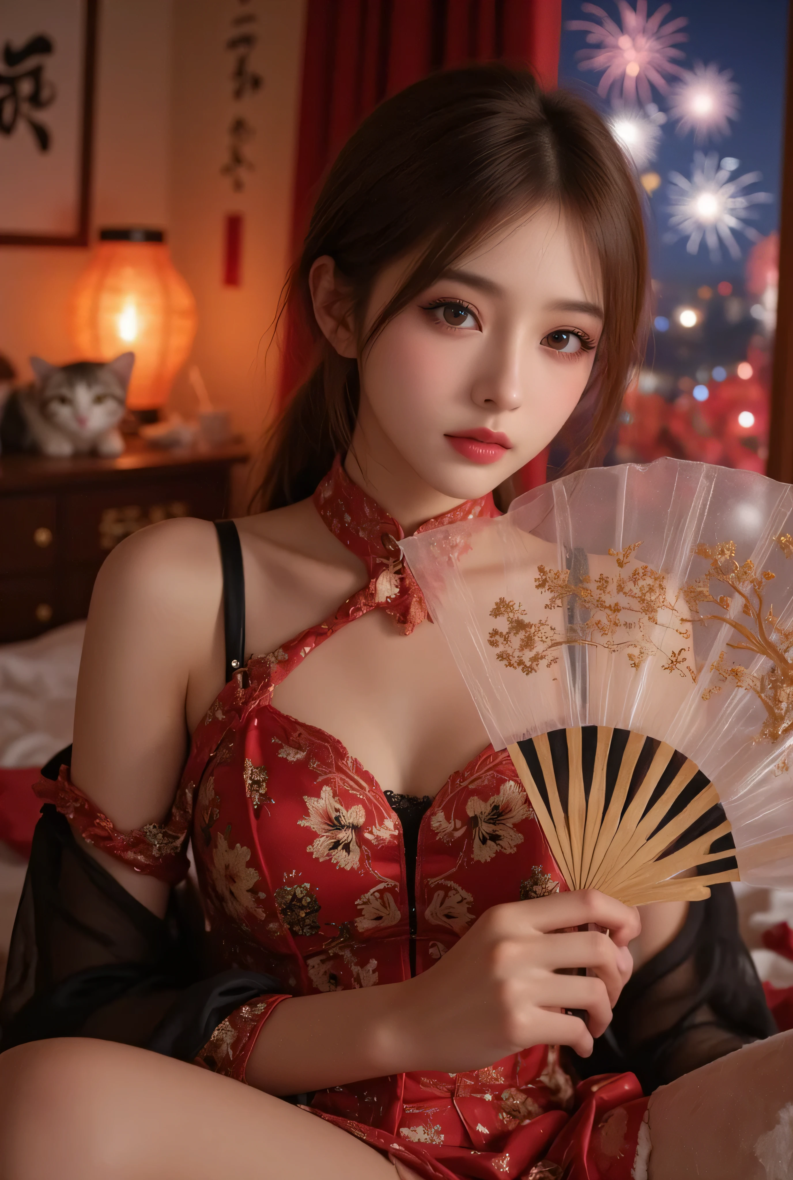 high resolution, adult  woman , good lighting, despicable, , (no nudity), (((chinese dress))), (()), ((())), (garter belt), just abdomen, (),  ,  cute face, yo&#39;I&#39;m embarrassed and blushed, humiliating, ((Turn around and look back)), ((transparentes))()(T-back)(a large amount is in the body,)