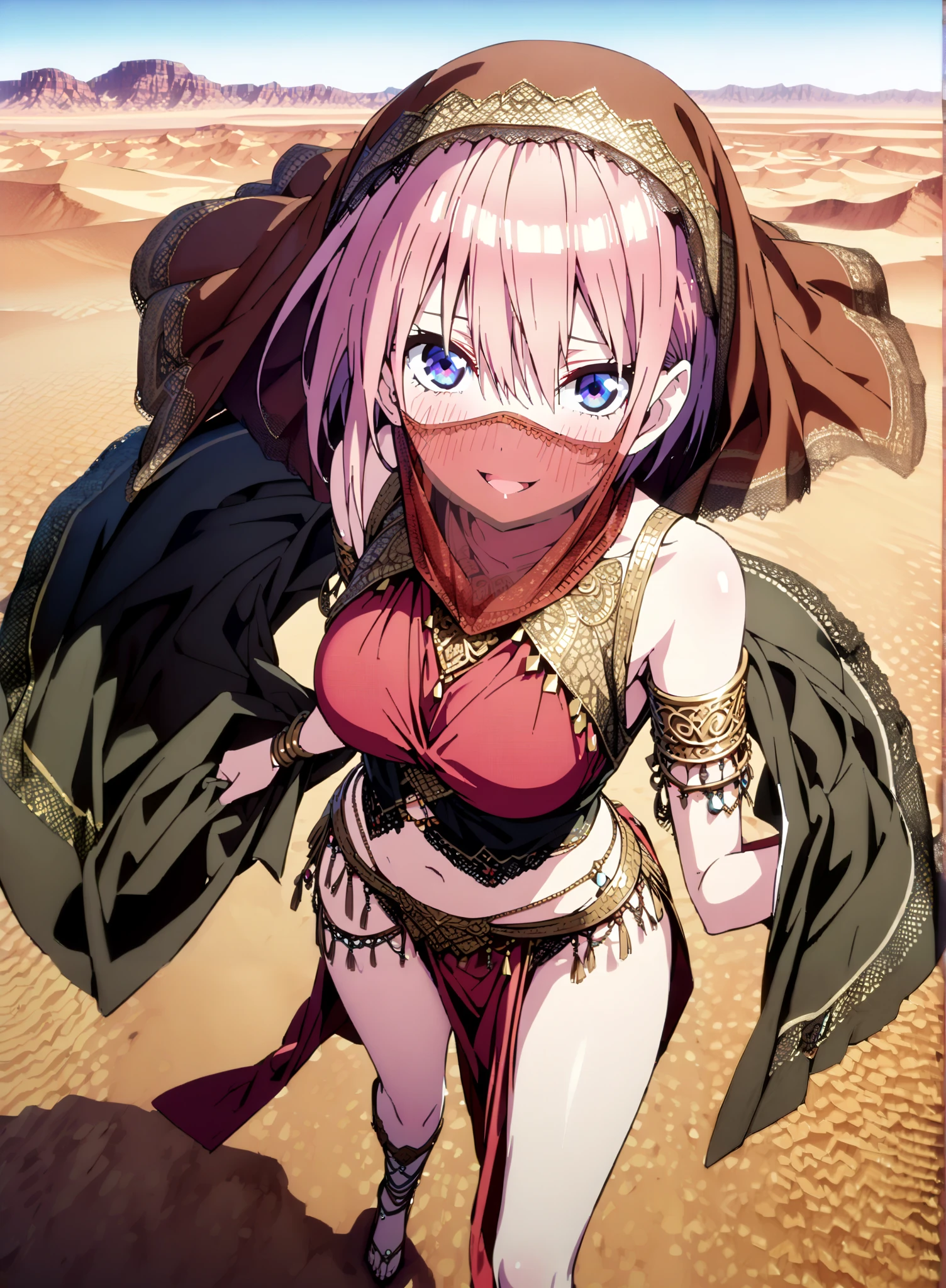 score_9, score_8_up, score_7_up, source_anime, Nakano Ichika, short hair, Alone,bangs, blue eyes, o, pink hair near MM, smile,blush,open your mouth,half updo,Big Breasts,Chest Valley,Arabian clothing, dancer , mouth Veil, belly Dancing, Veil, armlet, Bare legs,is standing,full bodyがillustrationsに入るように,break outdoors, desert, oasis,
break looking at viewer,full body,
break (masterpiece:1.2), Best Quality, High Resolution, Unity 8K Wallpaper , (illustrations:0.8), (Beautiful Detailed Eyes:1.6), very detailed face, perfect lighting, highly detailed CG, (perfect hands, perfect anatomy),