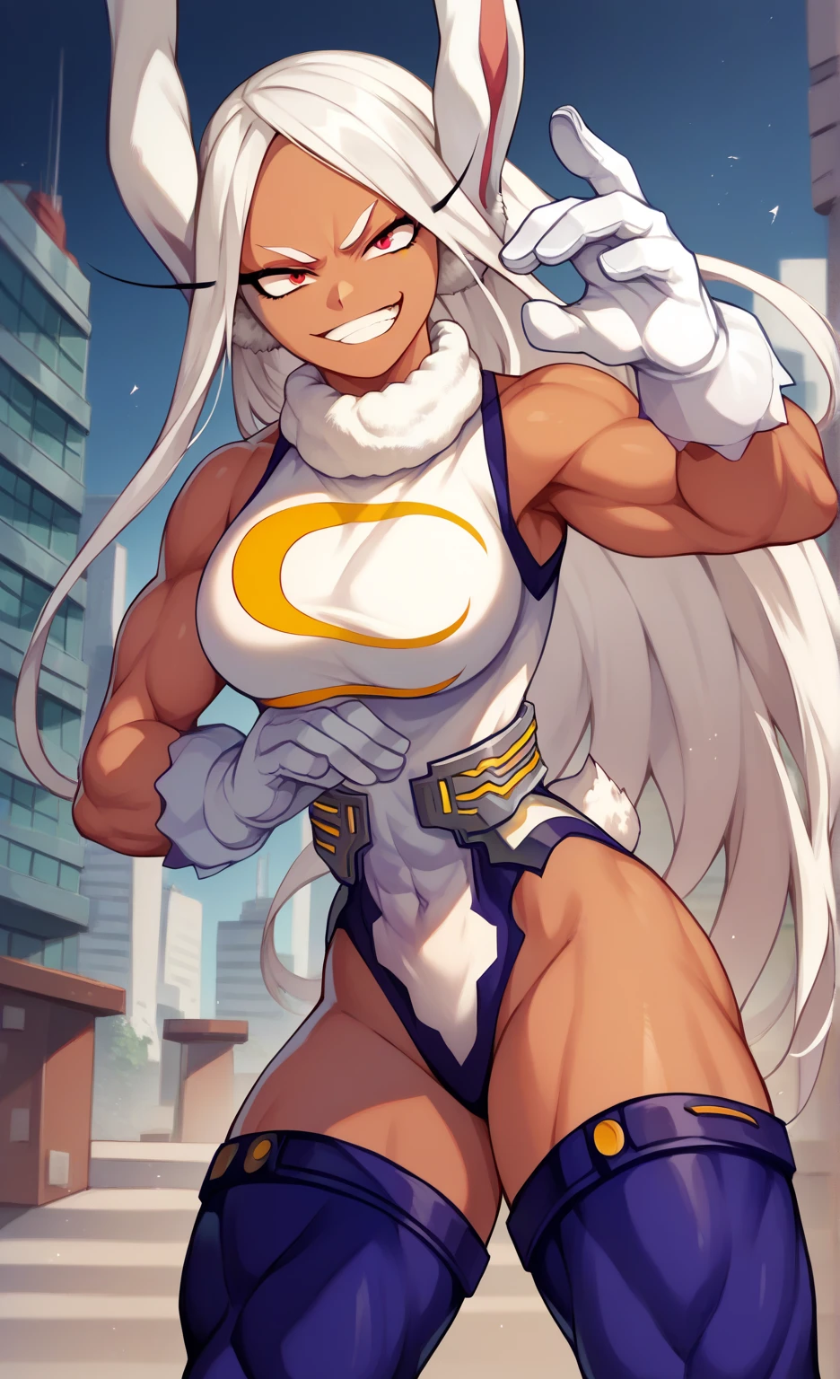 [Miruko; Boku no hiro academia], ((solo portrait)), ((High definition)), ((anime)), ((Kohei Horikoshi)), ((raytracing)), ((detailed shading)), ((cinematic lighting)), {Miruko; (tanned skin, maroon eyes, long white hair, long white bunny ears, small fluffy white bunny tail, maroon eyes, large boobs), (white leotard; yellow crescent moon on chest, purple lining, grey plating, hero costume, white gloves), (purple thigh highs), (smug smile), (athletic body; defined abs, defined leg muscles, defined arm muscles), (thicc)}, ((squatting; on top of skyscraper, looking at viewer, dynamic pose), hand on ground, looking at viewer), [Background; (outside daytime; city; skyscrapers)]