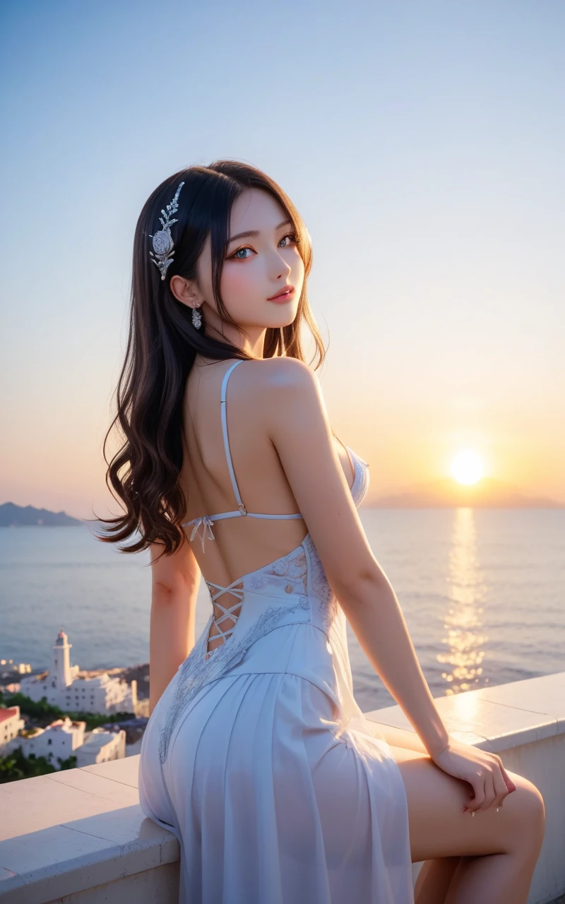 A woman with a beautiful and well-proportioned face 

hair waving in the wind 

(brown hair) 

calm smile 

G cup breasts 

wearing a wedding dress 

(white prom dress) 

There is a big and long bridge 

The blue sea spreads under the bridge 

a car is passing 

japanese woman 

