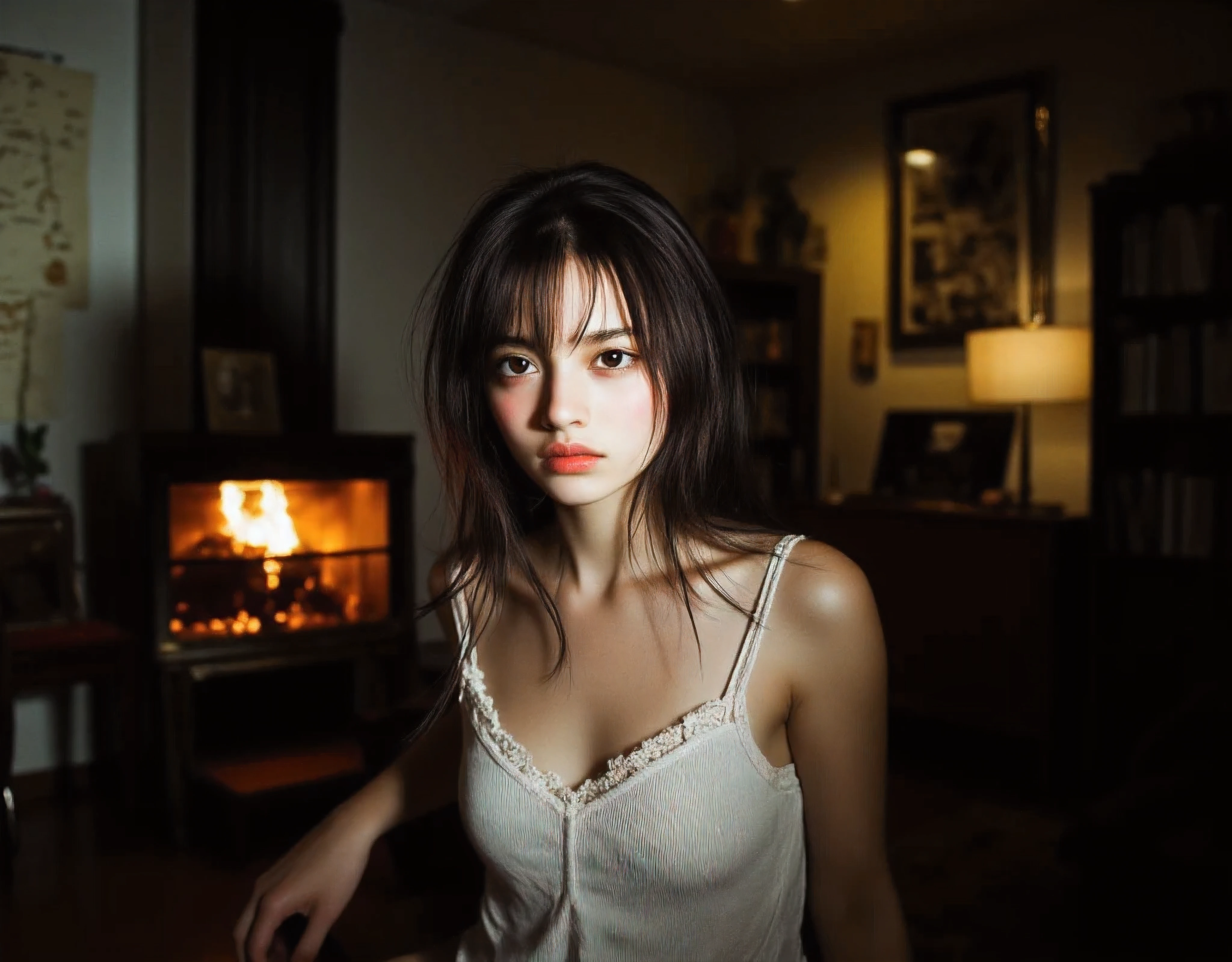 (the picture and scene gives a great aesthetic pleasure) (Large perky enticing breasts showing décolletage and cleavage) Aesthetically pleasing cinematic composition, Beautiful and sexy elegant young lady sitting at home at night in the living room couch, homey fireplace in the background, rustic and beautiful country home, large perky breasts showing décolletage and cleavage, loose tanktop and dolphin shorts, epic perspective taken from high angle showing downblouse look as she leans forward to the camera, taken from a Leica m9 50mm 1.2, lowlight photography using fill-flash, realistic,life-like skin texture,symmetrical,aesthetically pleasing,cinematic composition,detailed portrait,photorealistic,masterpiece,ultra-detailed,sharp focus,physically-based rendering,extreme detail description,professional,vivid colors,high resolution,4K,studio lighting,dramatic lighting,dramatic shadows,dramatic atmosphere,dramatic background,dramatic pose,cinematic framing,cinematic lighting,cinematic camera angle,cinematic depth of field,moody,dark,chiaroscuro,dramatic color palette,dark and moody,dramatic colors