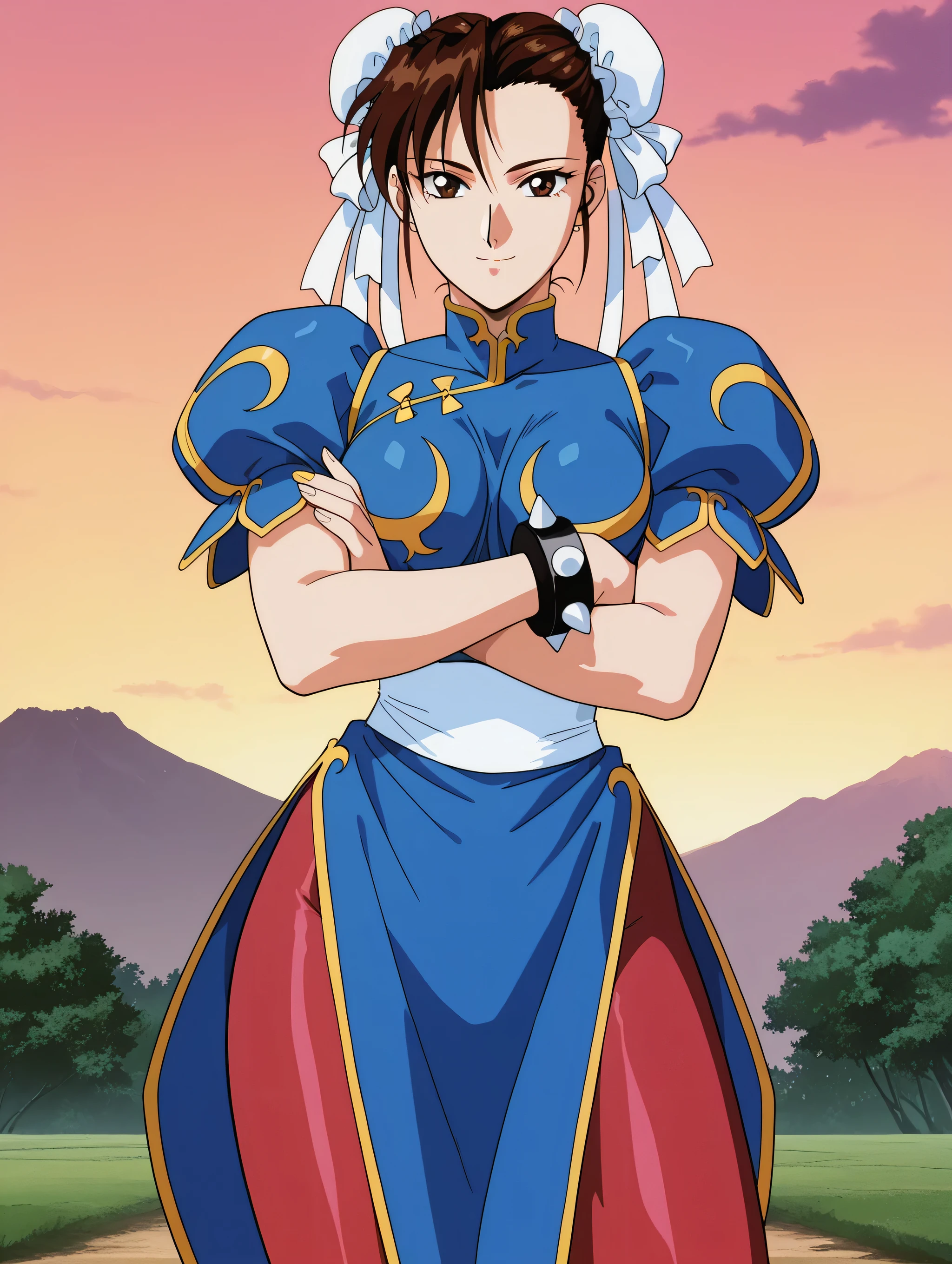 masterpiece, best quality, newest, absurdres, highres, detailed eyes, beautiful, detailed background, perfect eyes, anime coloring, anime screencap, 1990s \(style\), 1girl, solo, mature female, chun-li, brown hair, bangs, short hair, double bun, bun cover, brown eyes, medium breasts, chinese clothes, blue dress, puffy short sleeves, sash, pelvic curtain, red pantyhose, white boots, spiked bracelet, looking at viewer, smile, crossed arms, cowboy shot, (outdoors),