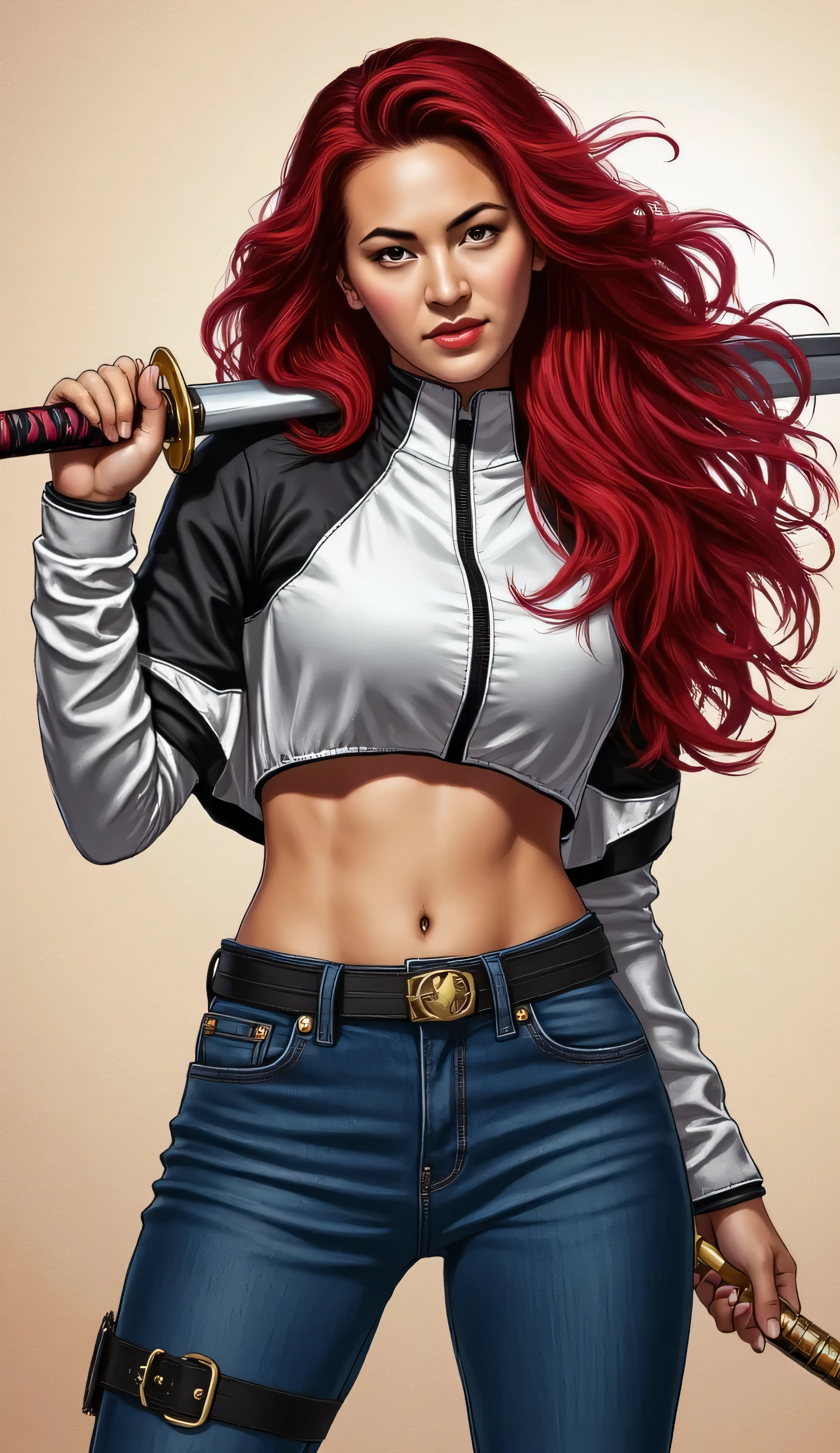 beautiful photograph of a Jessica Henwick as Colleen Wing, confident, fierce, long flowing red hair, holding a katana in one hand, resting a straight sword on her shoulder, strong posture, stylish cropped white and black jacket with a zipper, toned stomach, belly piercing, fitted blue jeans, simple gradient background, clean modern comic book illustration, dynamic detailed art style, western comic books, semi-realistic approach, w4rh4mm3r style oil painting