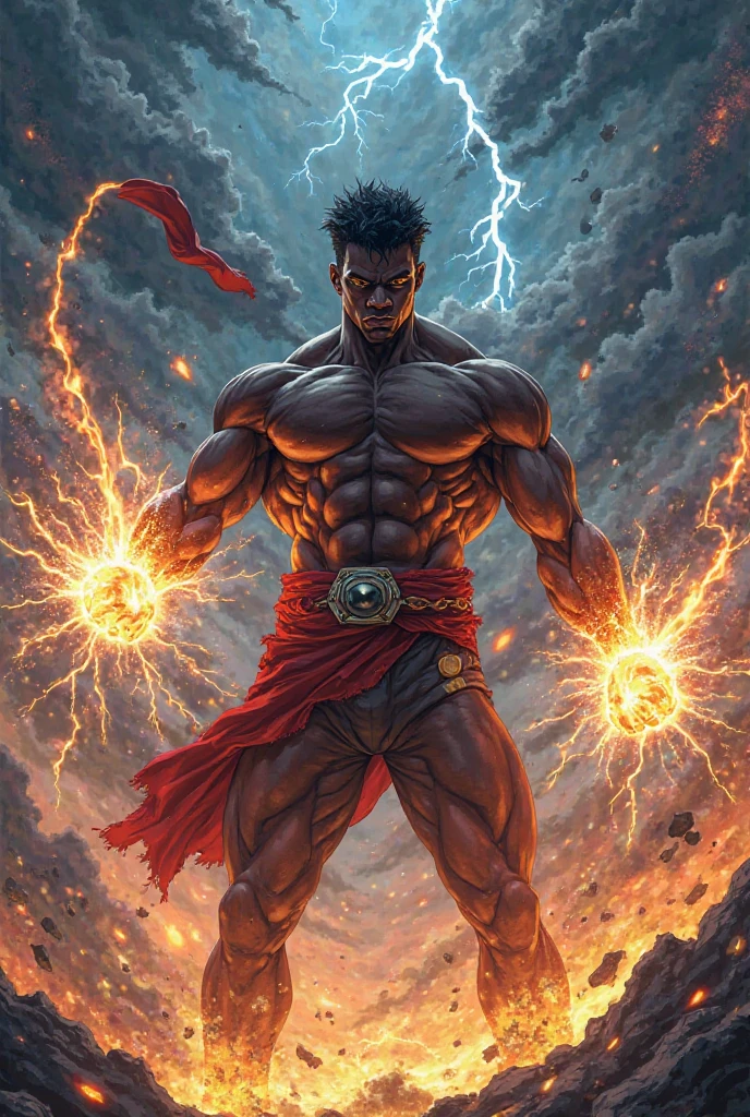 Black humanoid creature made of rock, Upper part of the body, Shirtless, male people, ((tmasterpiece, Best quality at best)), Skin rupture, White electricity gushes out of the cracks, muscle men, (Dragonborn:0.6), gray hair outdoors, Detailed background depth of field