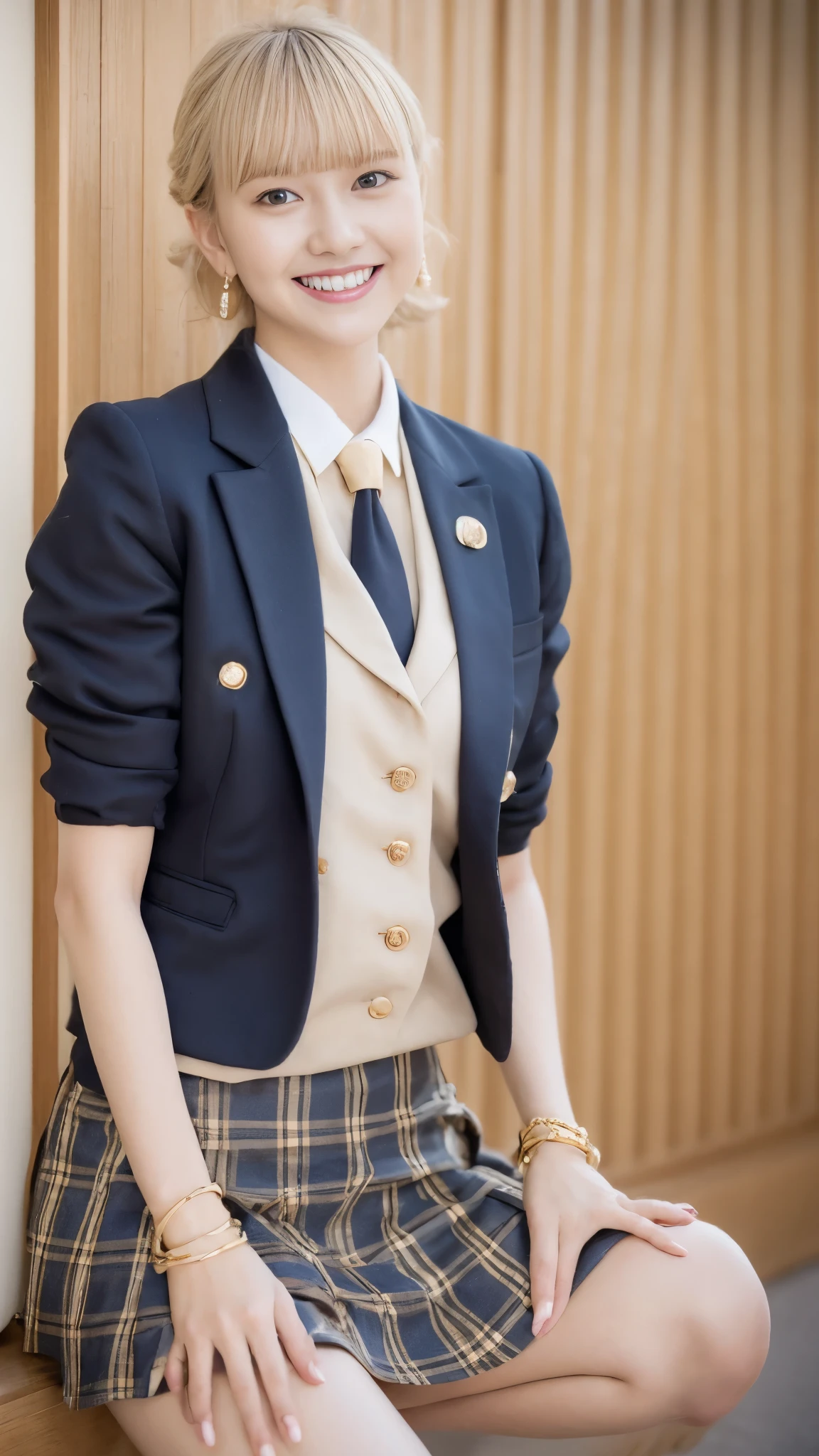 (Highest quality, 4K, High resolution, masterpiece, Genuine, Realistic, Realistic:1.3), (upper body), Girl sitting on desk in a school changingroom and touching mini skirt, make clenched fist out in front of body, blue bow tie uniform, Dark Blown Blazer, blown plaid skirt, Ear piercing, Gal Makeup, wearing white collared shirts, pleats plaid mini skirt, ((Blonde hair, mushroom-hair:0.4)), Gold Necklace, Gold Bracelets, grin, Gold chain19-year-old, bangs,A small smile,Thighs, knees, From below, pinching skirt:0.7, open legs:0.8,