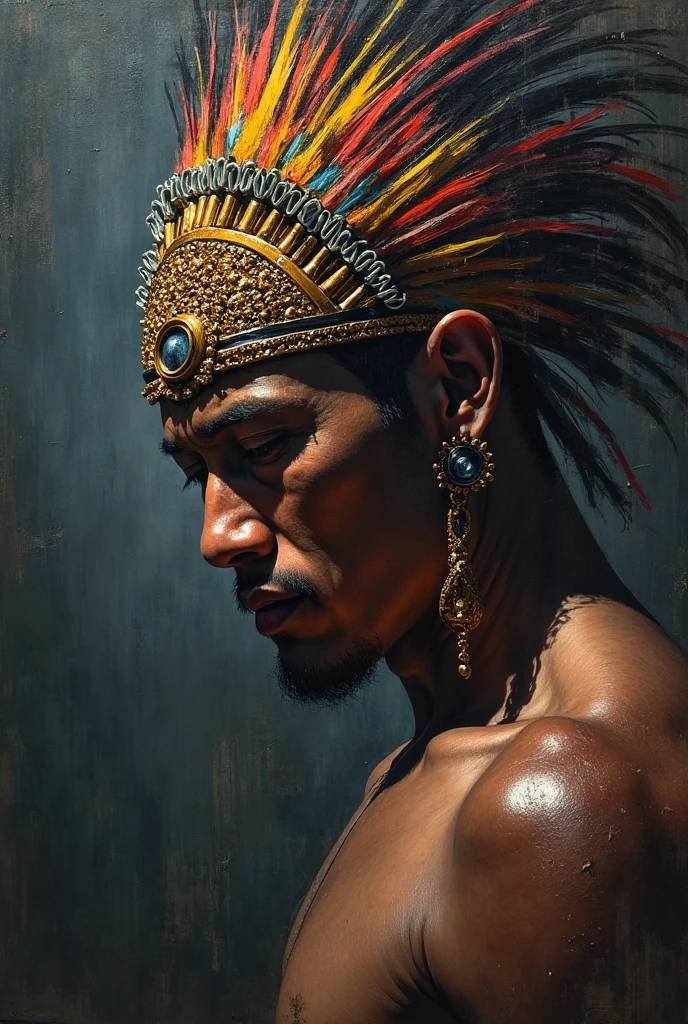 Chiaroscuro painting of a semi-naked Mayan with a Kukulkan mask lying on sisal