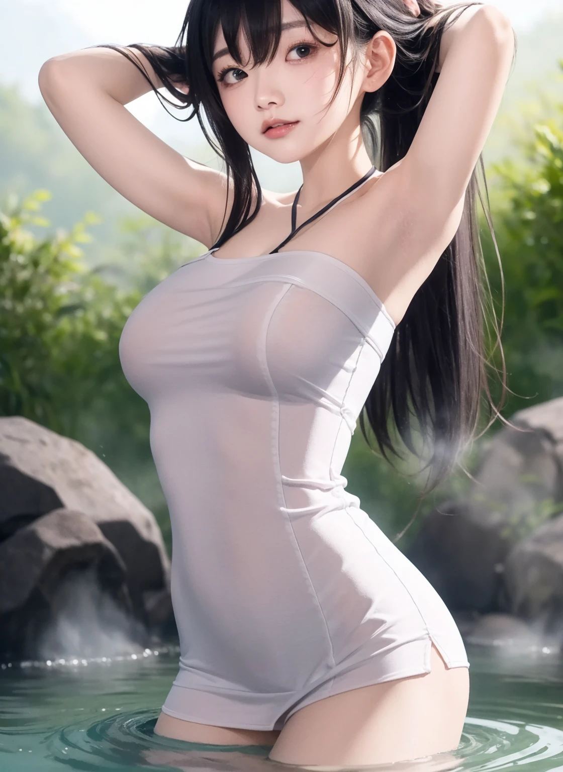 Sensual elf woman in the water, with angelic face with wet hair, exhausted, ultra realistic, her hands behind her head: with semi-translucent clothing very tight to the body, gold and white clothing. A slim but curvy elf, with wide hips and a super realistic tiny waist. Her porcelain white skin glowing under the natural light of the forest. Her beautiful, hyper-detailed and realistic features come to life in this cinematic image. Her voluptuous elven clothing clings to her body, showing off her perfect anatomical measurements and super-resolution details. The clothes are tight accentuating every curve of her, beads of sweat with detail on her skin, supported by a spear-type sword between her hands, with elven details when holding it with both hands, her muscles that are softly marked on the abdomen and with many shades. super feminine... The setting is a serene forest, with dappled sunlight filtering through the trees, casting an ethereal glow on the scene. (3:3 - 16:9 - q