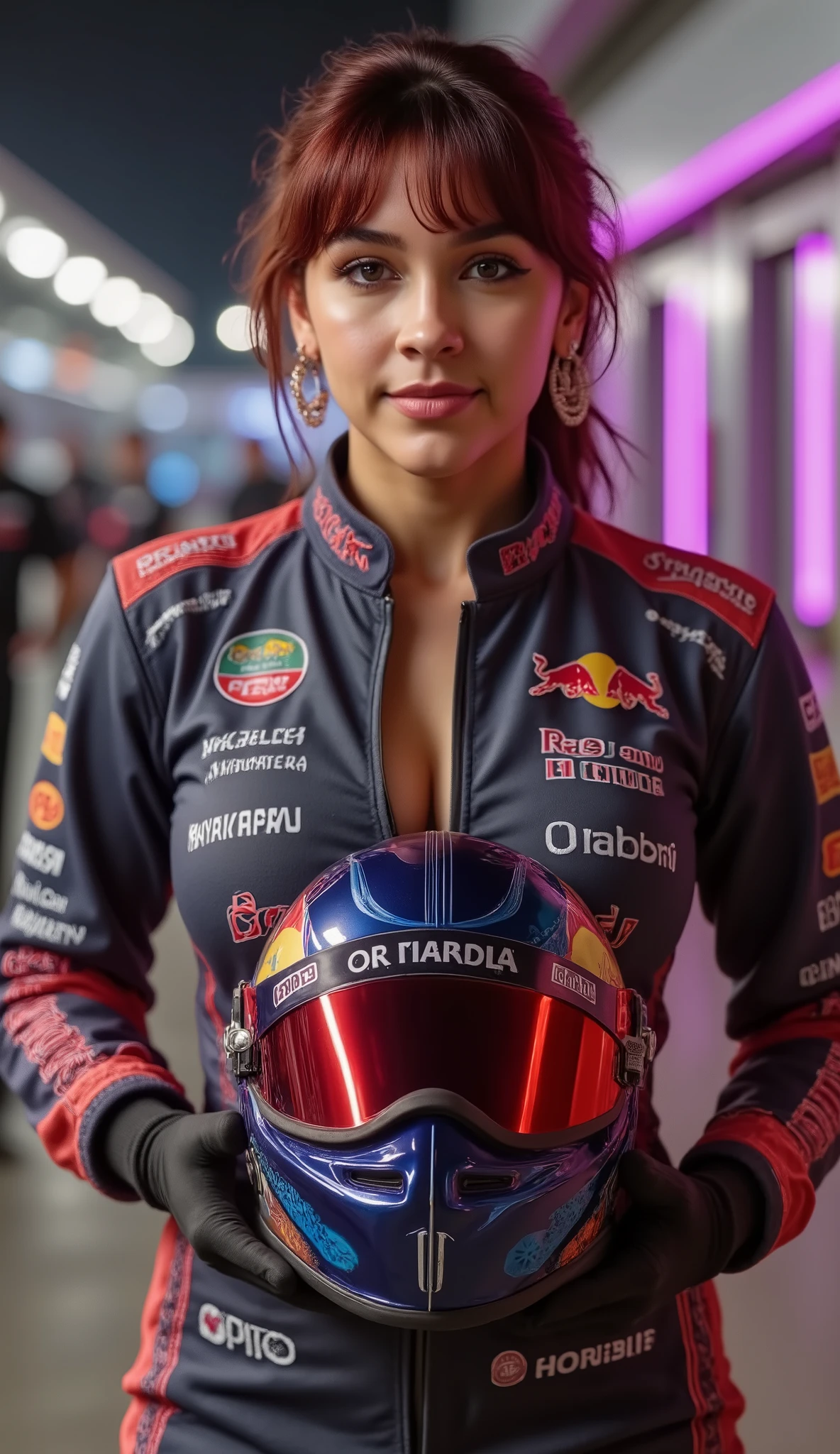 A confident female Formula 1 driver, (((wearing the (((official 2024 Red Bull Racing suit))) with hyper-detailed sponsors (Oracle, Honda, Tag Heuer, Bybit) embroidered in metallic thread, (((keyhole cutout at bust revealing subtle décolletage))), carbon-fiber collar and gloves, (((Keep the LoRA typical hairstyle))), standing in Abu Dhabi's Yas Marina Circuit pit lane at night, illuminated by stadium LED spotlights, (((behind her the Red Bull RB20 race car with chrome-blue livery and glowing tire warmers))), crew in black uniforms working, VIP lounge neon signs, holographic timers floating above track, champagne bottles on ice, sweat glistening on her forehead, car's halo device reflecting her silhouette, neon-purple pit wall accents contrasting navy-blue branding, 8k textures with reflective micro-stitching, cinematic backlighting, motion blur from speeding cars, ultra-realistic sports photography, futuristic glamour, (((--v 6))) --stylize 900 --chaos 20 (((keep the face and hair details of the selected LoRA))), , (((big breasts))), hourglass figure, seductive mood, warm smile, influencer poses for a photoshoot, SHE IS GRABBING at dark blue f1 helmet with red glass