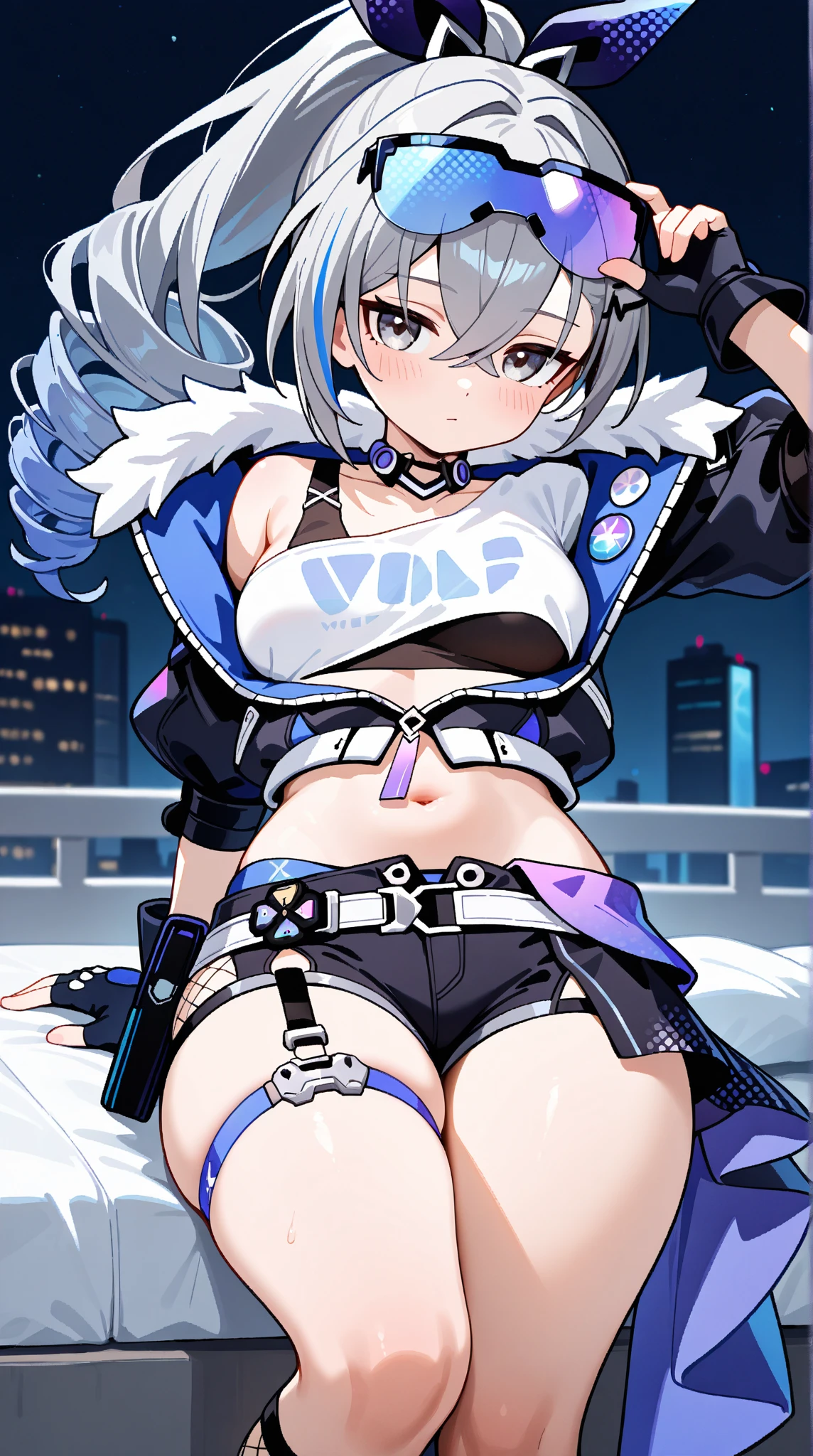 masterpiece, top quality, best quality,1girl, silver wolf, gray eyes, high ponytail, cyberpunk, white top, open belly, shorts, fur coat, masterpiece, high quality,