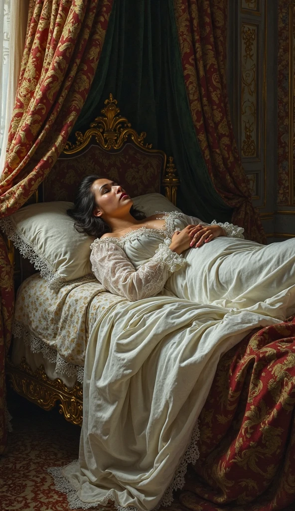 crea una imagen de una cortesana de la corte del Palacio de Versalles, in the time of Louis XIV he is lying in bed with little clothing, showing her legs with period stockings and lace from the royal palace