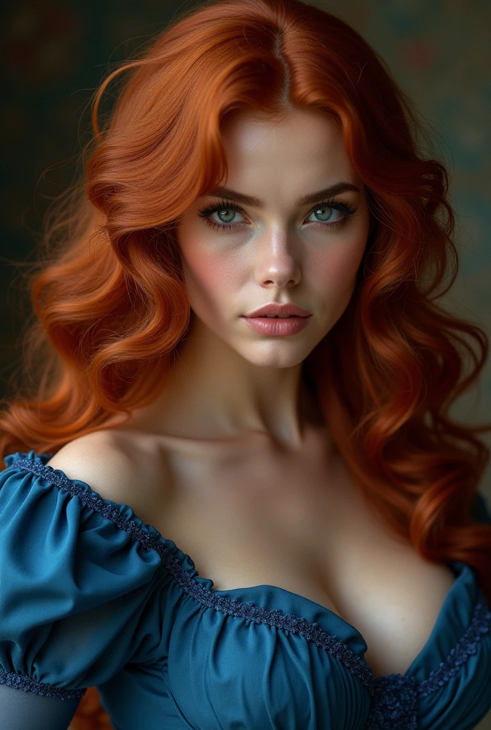 woman with cherry red hair and navy blue dress