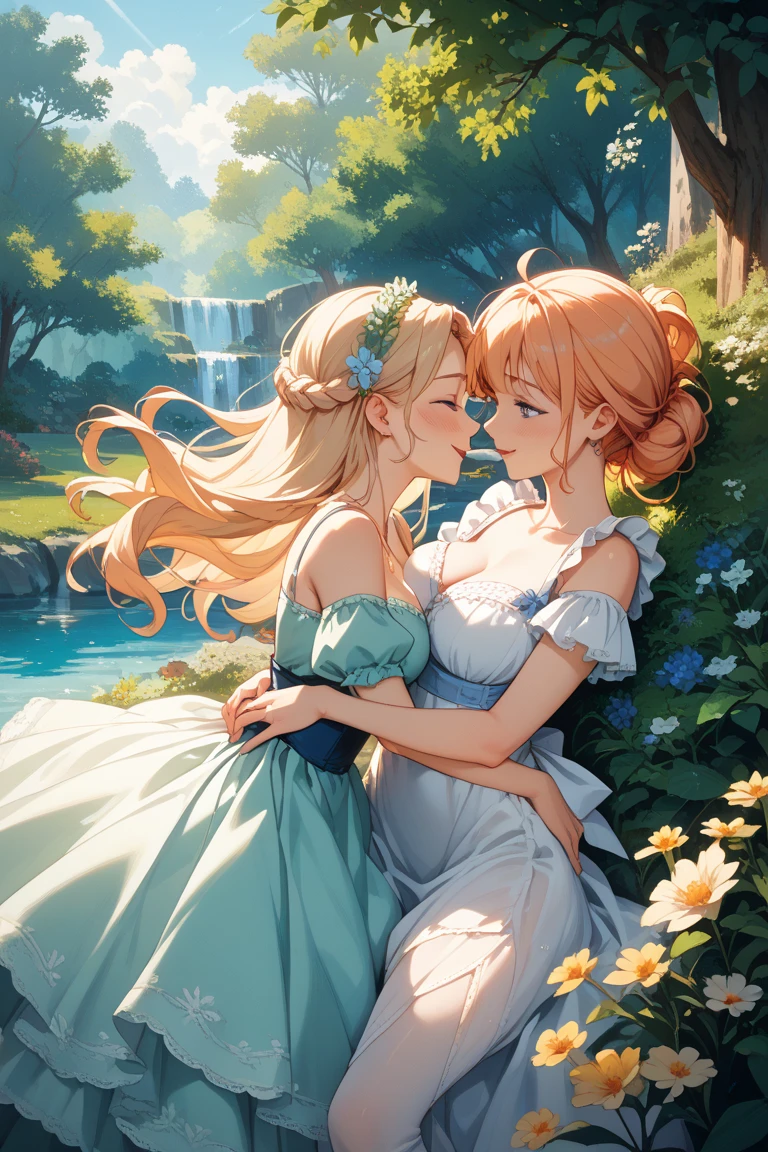 score_9, score_8_up, score_8, small breasts, thin arms, thin legs, cute, eyelashes, 2girls, cute, long hair, blonde hair, flowers, garden, pale skin, blushed face, summer dress, flat chest, hugging, kissing, grabbing breast, white gazebo, sunset, see-through dress, bottom view, blue bow, strong wind, dynamic