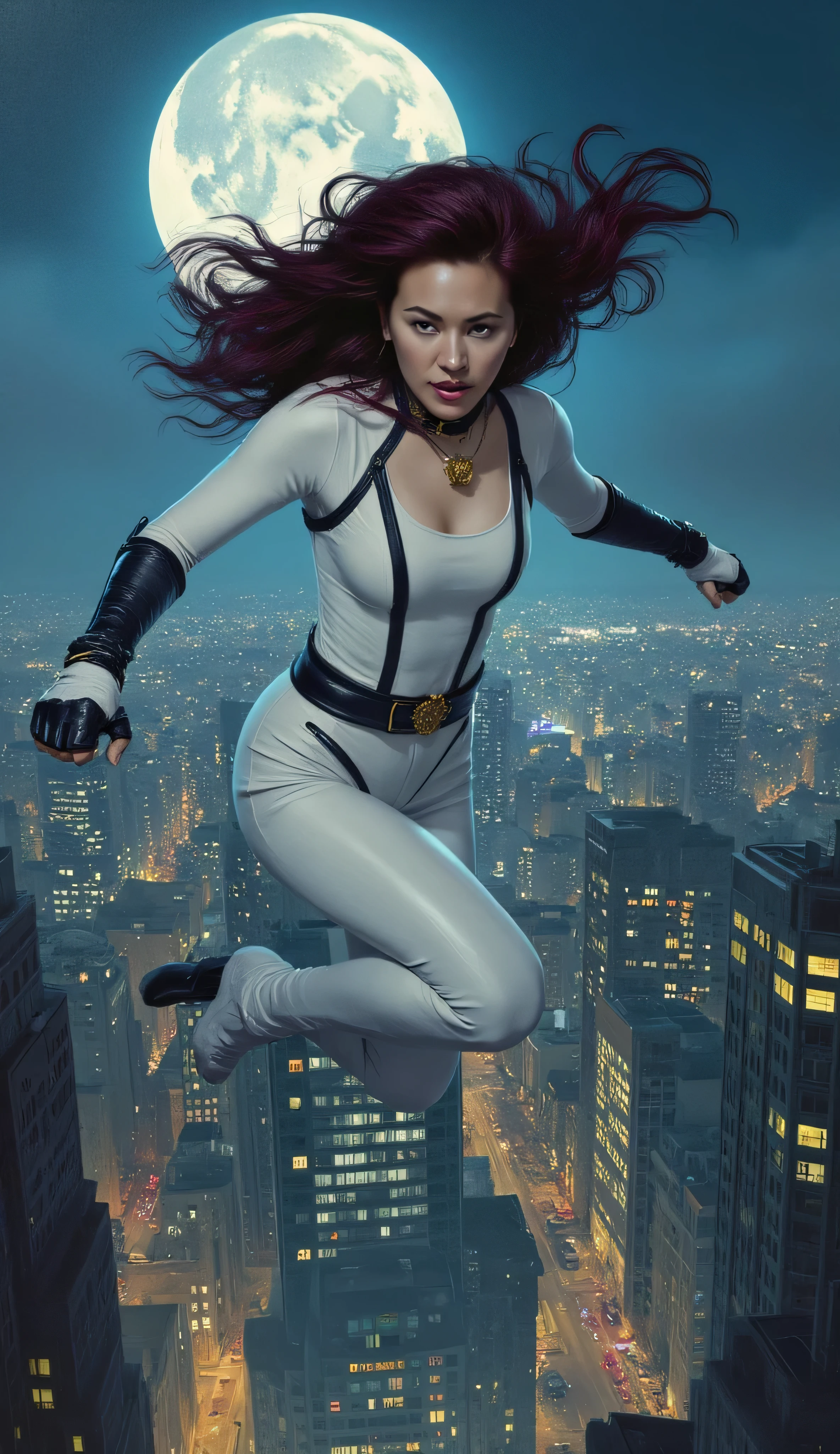 beautiful photograph of a Jessica Henwick as Colleen Wing, powerful superhero, acrobatic pose, mid-leap over a cityscape, full moon, sleek form-fitting white suit, black details, long flowing deep red and dark shades hair, intense focused expression, dark lipstick, sharp eyebrows, fierce determined look, city skyline, tall buildings, glowing windows, dynamic nighttime atmosphere, classic smerican comic book art style, bold lines, vibrant shading, w4rh4mm3r style oil painting