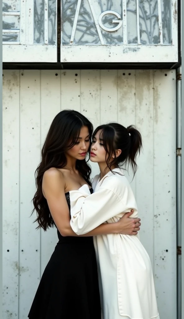 (In the same space, two identical twin hair models are lying on a bed facing each other, embracing each other, closing their eyes and kissing, photographed from the chest up.)　((They both closed their eyes and kissed:1.4))　(The two are identical clones, Wear the same clothes, stop temporarily, Hairstyle, exterior.:1.5)　((Beautiful 18-year-old model with long black hair, girl with super length Hair, extremely length Hair, extra length Hair, very long, Flowing Hair, very length Hair, length Hair girl, very long, Flowing black hair, length Hair windy, Very long black hair, length, Flowing Hair,Incredibly long-lasting hair, length Hair!!!!　Her highest quality hair is long and straight., very long, highest quality black hair, length hair in the center, Highest quality long straight hair, length, straight, beautiful, High quality hair, length and free black highest quality straight hair, length Hair, length and straight, highest quality black hair, Perfect silky straight hair of the highest quality, straight, highest quality black hair, length black straight hair, length, Thin black hair　Her hair is long and straight, very long black hair, length hair in the center, length straight hair, length, straight, beautiful hair of the highest quality, length Hair, length, straight black hair, length and free straight black hair, straight black hair))　(Her bangs are perfect.:1.3)　(Pure white wall background:1.8)　(Japan&#39;s most sexy and beautiful 18-year-old beauty model)　((highest quality)), ((masterpiece)), (Familiar)　(Get used to it)　Perfect Face　　(Her skin is a typical Japanese skin color.....、And very detailed)　　(Big Breasts:1.3)　(She has a beautiful face and a typical Japanese figure...., Narrow eyes)　(She has perfect beautiful makeup and face　Lipstick is light red　A solid eyeliner)　((Rich 1.4))　(Extremely detailed 8K)　(Ultra-fine skin texture 1.4)　(Actual, Vibrant:1.4), double eyelid　Sharp focus:1.2、Beautiful woman:1.4　Dynamic Lighting　(Genuine RAW photos taken by professional photographers)　　Professional Hair Shine.　(She has a bright and cheerful face)　　(((途方もなくlengthBlack hair 1.3)))　(length, Shiny black hair, その女性はlengthBlack hairをしている, lengthBlack hair, Waist-length hair, very lengthBlack hair, thick shining black hair, black silky hair, length and shiny hair, lengthBlack hair, length, Flat Hair　Ridiculously long hair, Black shiny hair, Very shiny, Abnormally long hair, 厚く輝く異常にlengthBlack hair,Jet black silky hair　Her hair is とてもlength and straight　length, Voluminous black hair that reaches down to her ankles　unusually long black hair, unusually long black hair, Very long black hair)　(Her face is slim and dignified.., length, Narrow eyes..々Nice face)　(They are&#39;They&#39;re both wearing the same white lingerie:1.5)