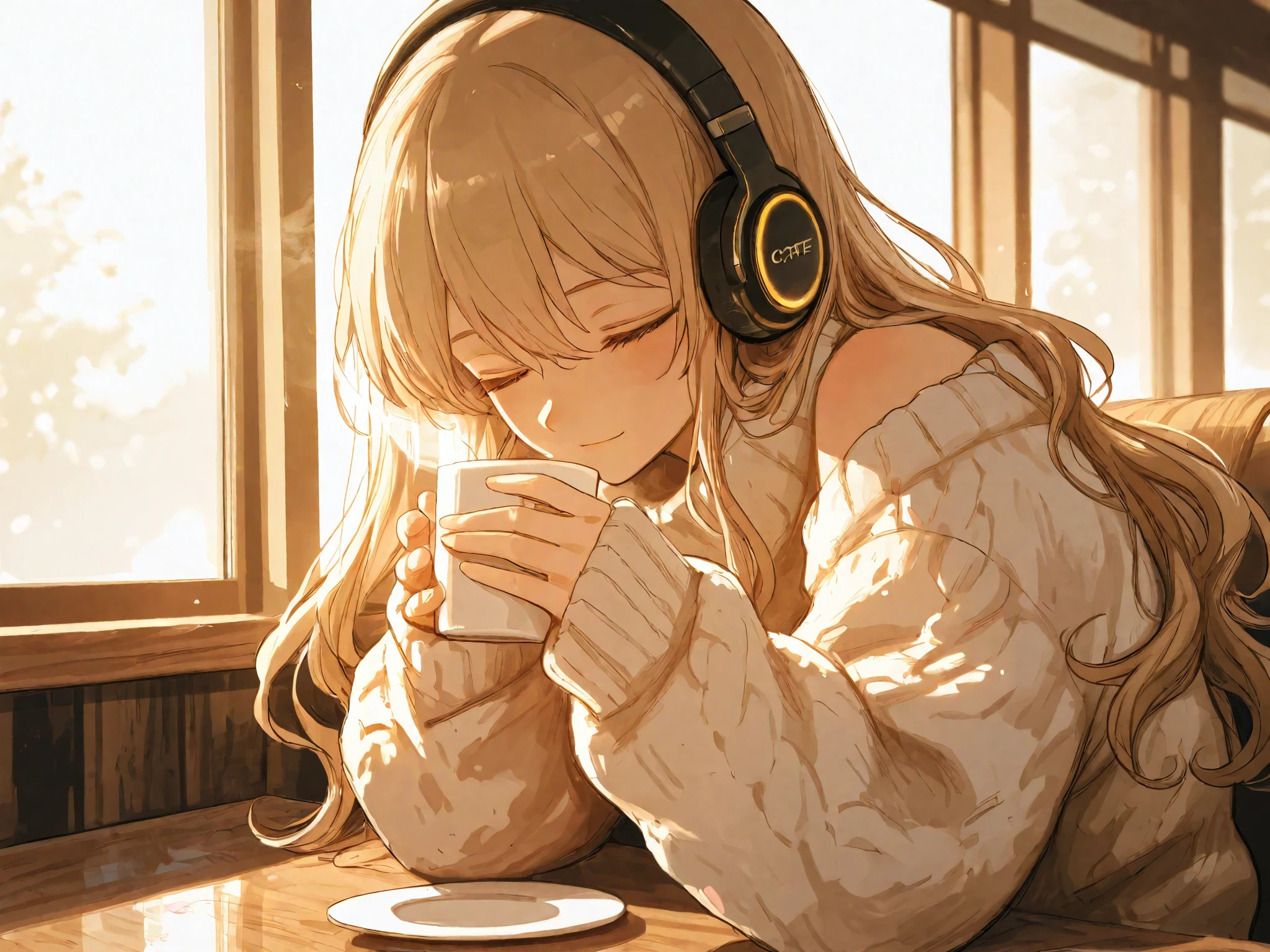 anime girl, At the cafe, sipping coffee, Listens to a song