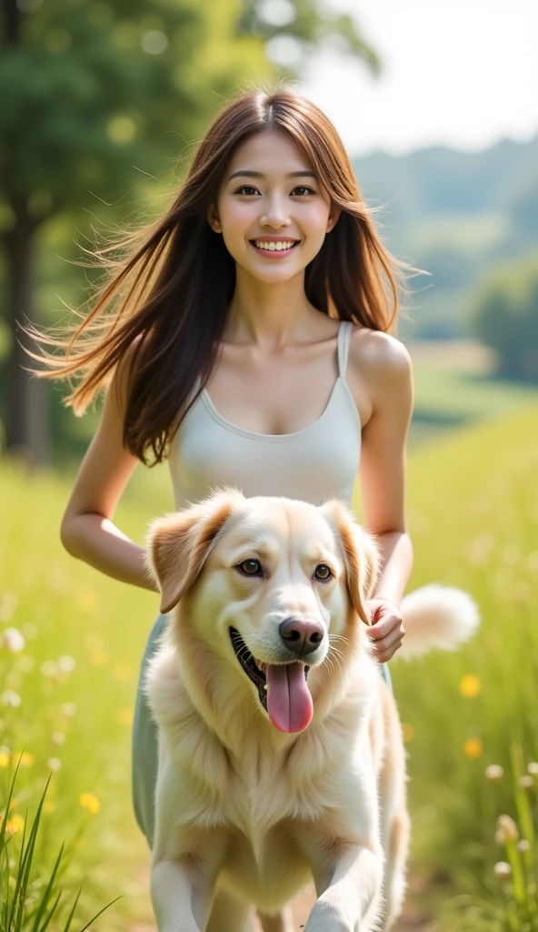 A dog is chasing behind a beautiful girl running with a smile