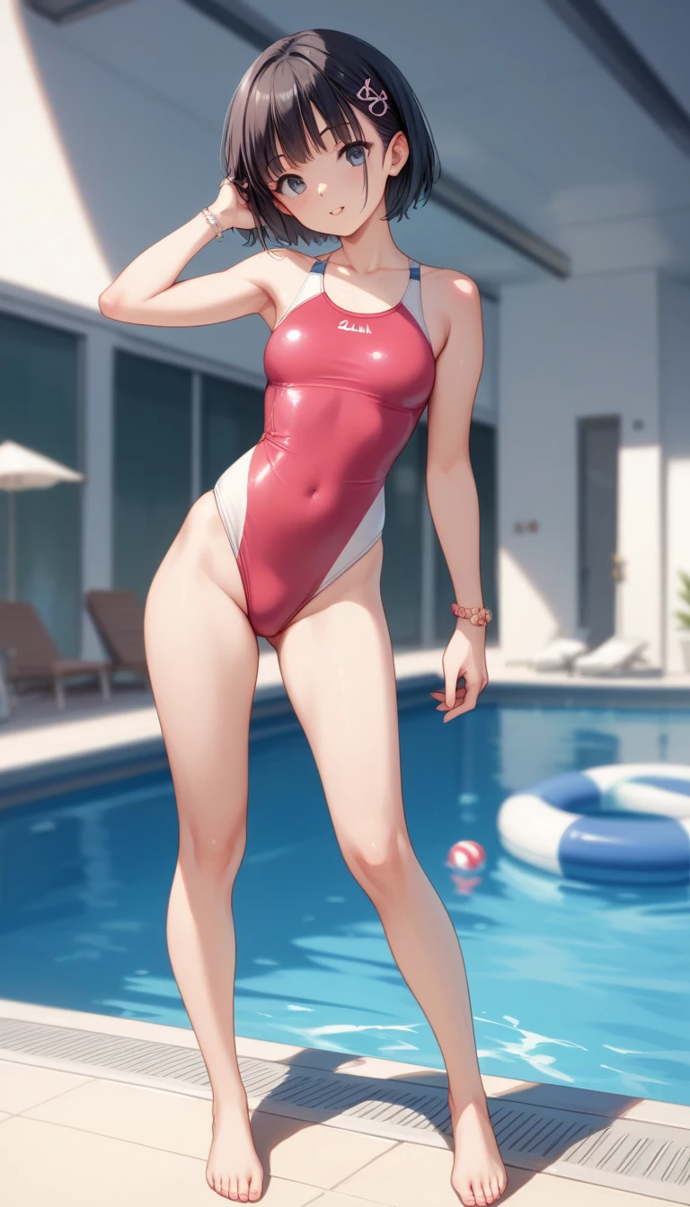 Top image quality、8K picture quality、Top image quality、Photorealistic image quality、1girl in、独奏、Marie Rose、A smile、embarrassed from、red blush、small tits、Slightly slender body、enamele sleeveless navy blue one piece competition swimsuit、(Crotch is hard to fit:1.4)、wet​、SQUATTING on the ground、squatting down、open thigh、(Open your legs wide from side to side:1.3)、Thrust your hips forward、(Arms behind your head:1.2)、(Show off your armpits:1.3)、white thighhig、Raw feet、Pool side、Nurteka、((White High Socks:1.2))、((Brown loafers:1.2))、see the beholder、Turn the front of your body towards the viewer、Open your feet to the audience、Show your crotch to the viewer、professional photograpy、Professional lighting、(Sheer