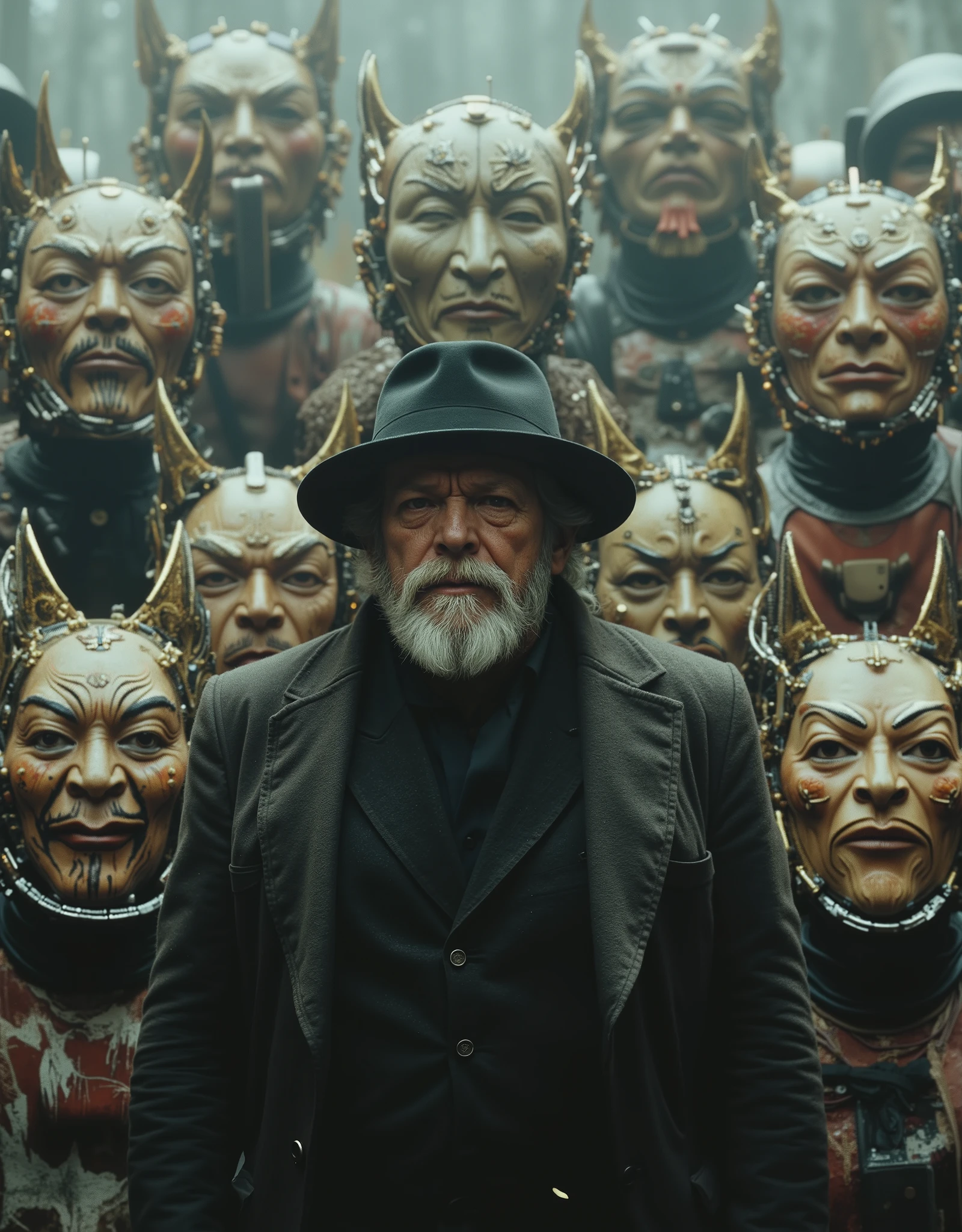 cinematographic photograph using rule of thirds and composition on planes Photo 3 / 4 takes over the entire body , A Japanese Kabuki mask features components simulating electronic applications,circuitry, gold and silvering wiring, fibre optic extensions. Athere is a man with a hat and a beard standing in front of a large group of Kabuki masks , by Kamisaka Sekka, benjamin lacombe, beeple and jeremiah ketner, by Santiago Martínez Delgado, dan mcpharlin : : ornate, anton semenov, by Ivan Generalić, lowbrow pop surrealism, official artwork , drk4rt