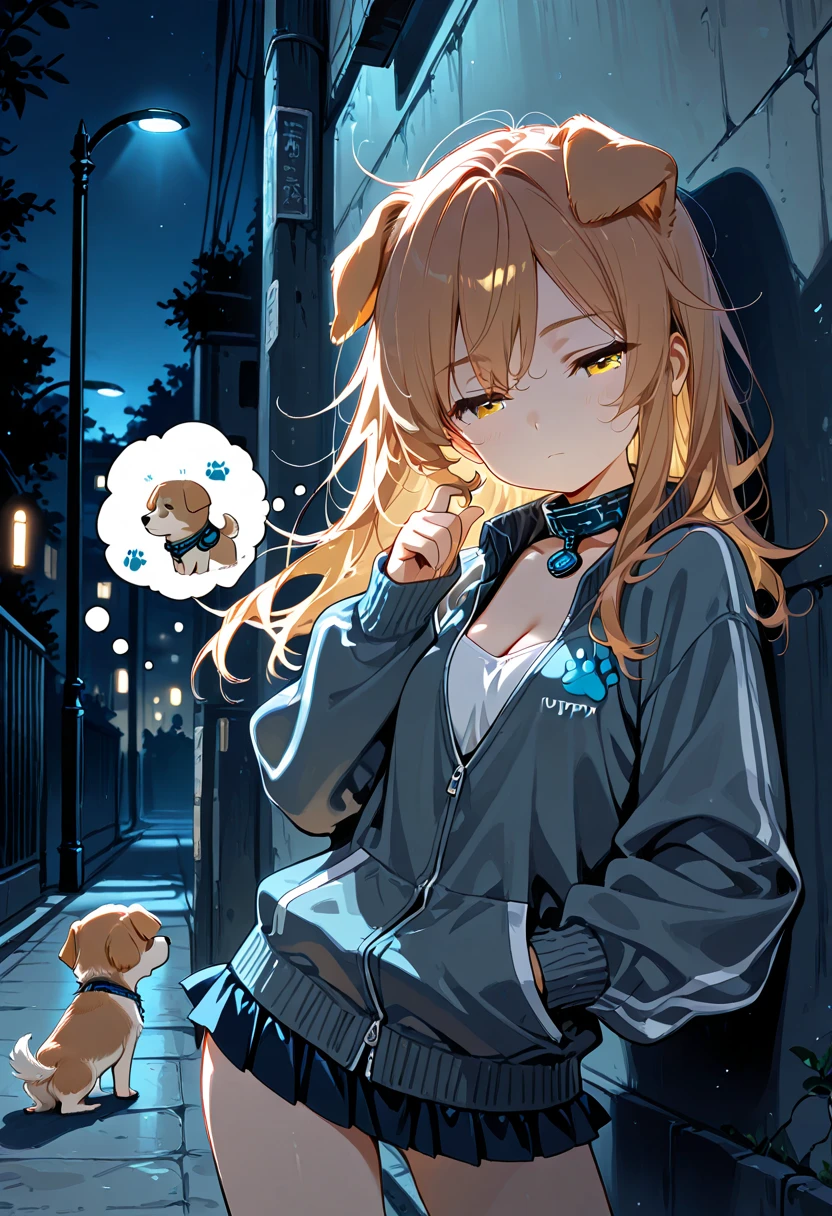 1girl, solo, loli, dog girl,
, long hair, messy hair , cleavage, floating hair, cardigan under jacket, microskirt, thought bubble, (Puppy:1.6), 
squinting, twirling hair, 

contrapposto, leaning on wall, Shadows on the wall, 

night, under lamppost, 
upper body, close-up, from above, 
best quality, highres icon, highly detailed, low brightness, low light, 