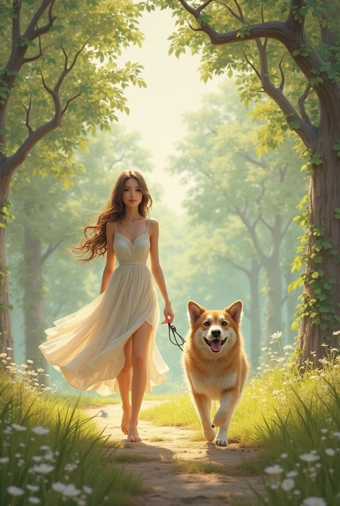 Beautiful girl walk with cute dog