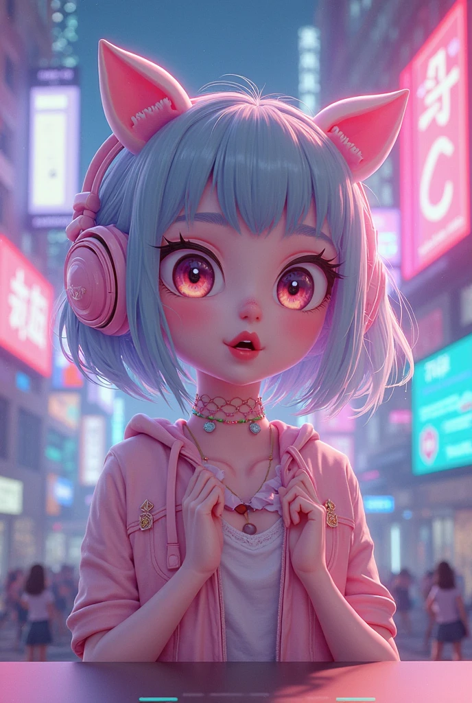 anthropomorphic white female cat with soft and fluffy fur and ribbon on her head, Sitting on the concrete wall in cyberpunk city looking at her smartphone, write 'uWu' on her black shirt and magenta tutu skirt, cinematic color grading, dramatic lighting.