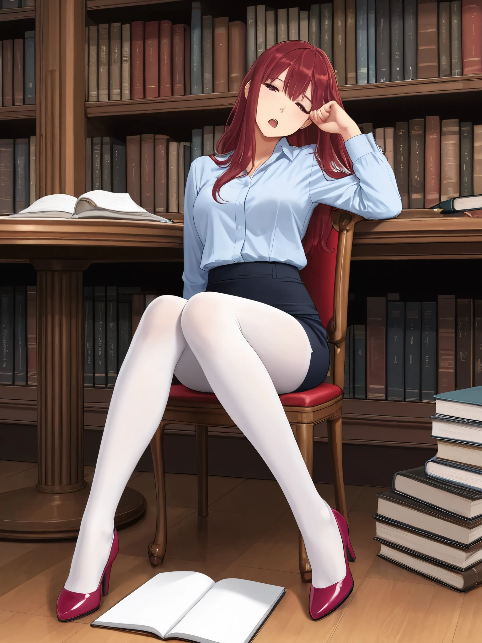 masterpiece, best quality, detailed eyes, 1girl, {sleepy:3.0}, dizzy, {white tights:4.0}, white legwear, open mouth, {eyes open:3.0}, pencil skirt, dress shirt, navy shirt, library, pen, official art, dark red hair, long hair, leaning backwards, head tilt, high heels, saturated pink shoes, sitting, notebook, rolling eyes
