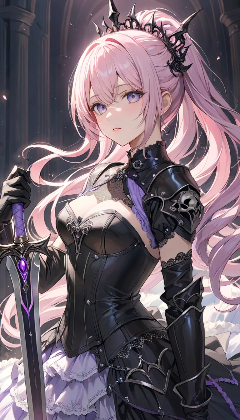 (Detailed illustrations,Very detailed and detailed drawing,Delicate lines with slow and rapid,Realistic texture expression),[Color tressed main line],(Battlefield of Fantasy World [Burning castle]),(GIRL ROBOT  (Pink rabbit [METALFACE])) [WEAPON MACHINE],(([petal] Metal Dress [frilld]) [Floral pattern] [Clear pink translucent armor covering the body surface]) [bow ribbon]) [Energy tube glowing at the joint],[use a sledgehammer as a weapon],[[Mobile Weapon Gigant Size][Science Fiction Mechanical]],(Metallic luster at metal),(Intricate and beautiful decoration [Dense detail]),(Precisely drawn face)[Perfect eye details(Iris beautifully drawn in every detail)[Jewel-like eyes]],[long and beautiful eyelashes],[Meticulously drawn hair [More on beautiful and shiny hair]],(Perfect hand details [Beautiful fingers without breakdowns [Beautiful nails]]),(Perfect Anatomy(Perfectly proportioned))[[Full body like]],[Ideal color coordination(Accurate simulation of light-material interactions)],[Visual art that conveys a sense of narrative].