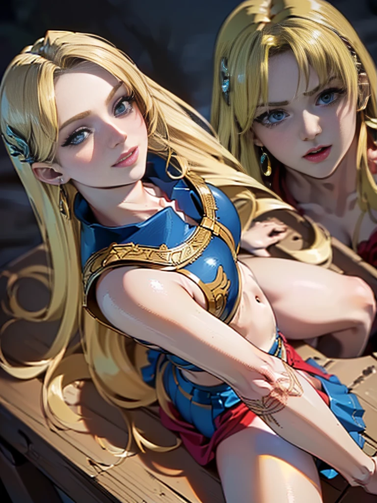 2 women, blonde very long hair, red eyes, wearing a sexy pink dress, side slit, ultrasharp, looking at the viewer, ((best quality)), ((masterpiece)), (detailed), perfect face, big breast, sexy body, sexy woman on top of her, hugged, An anime scene of two girls hugging and kissing intensely, with hearts and sparkles floating around them as they lie down on beach